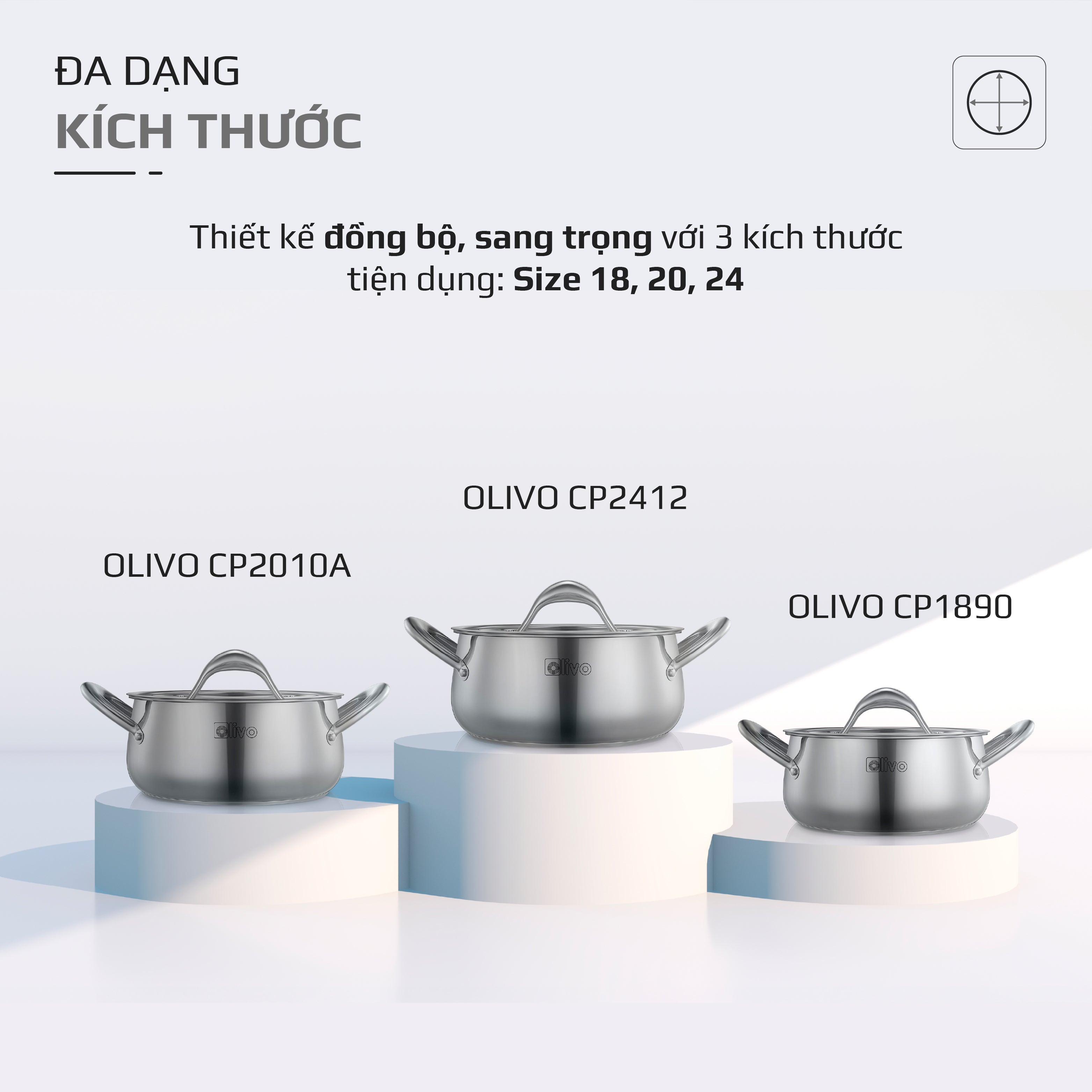 Bộ Nồi Inox OLIVO Chef’s Premium - Bộ 3 Nồi - Đa Dạng Kích Thước - Đáy Kép Liền Khối - Nắp Kính Cường Lực - Nấu Được Trên Mọi Loại Bếp
