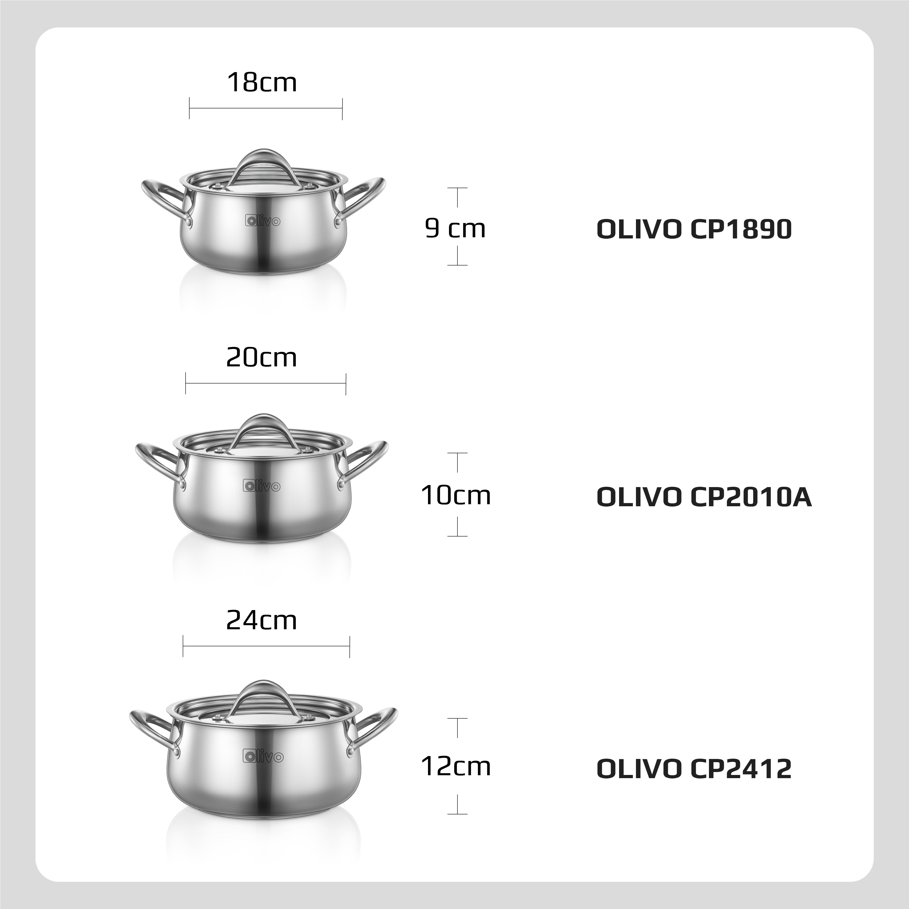 Bộ Nồi Inox OLIVO Chef’s Premium - Bộ 3 Nồi - Đa Dạng Kích Thước - Đáy Kép Liền Khối - Nắp Kính Cường Lực - Nấu Được Trên Mọi Loại Bếp