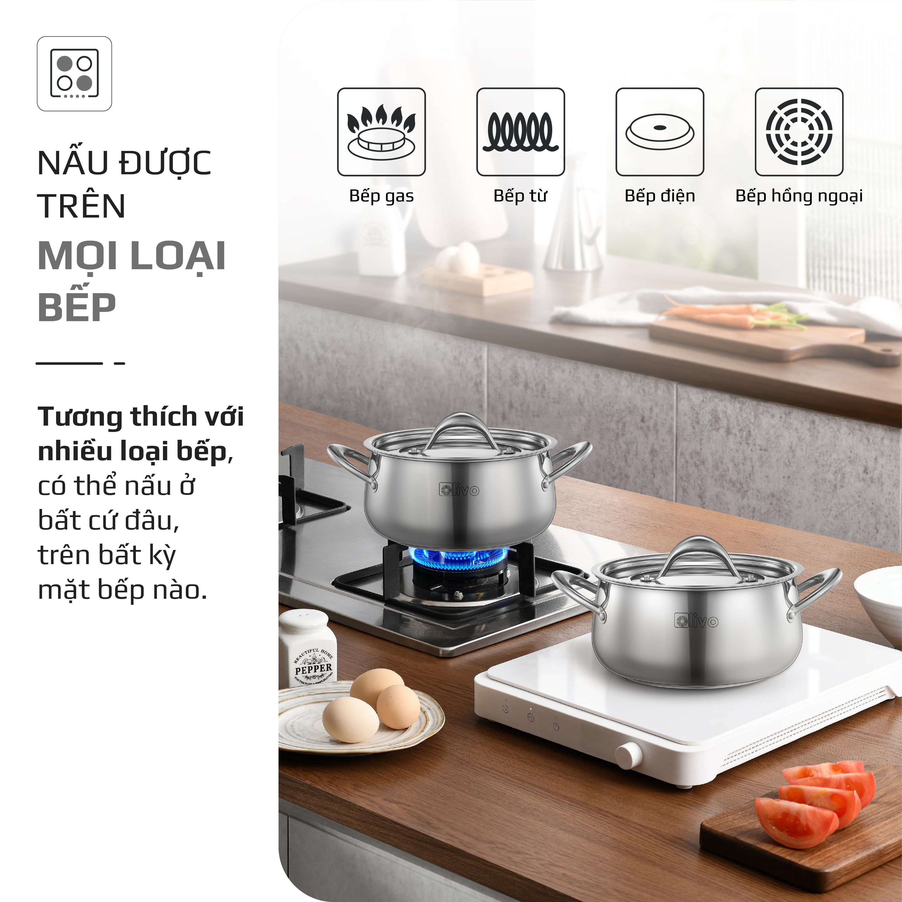 Bộ Nồi Inox OLIVO Chef’s Premium - Bộ 3 Nồi - Đa Dạng Kích Thước - Đáy Kép Liền Khối - Nắp Kính Cường Lực - Nấu Được Trên Mọi Loại Bếp