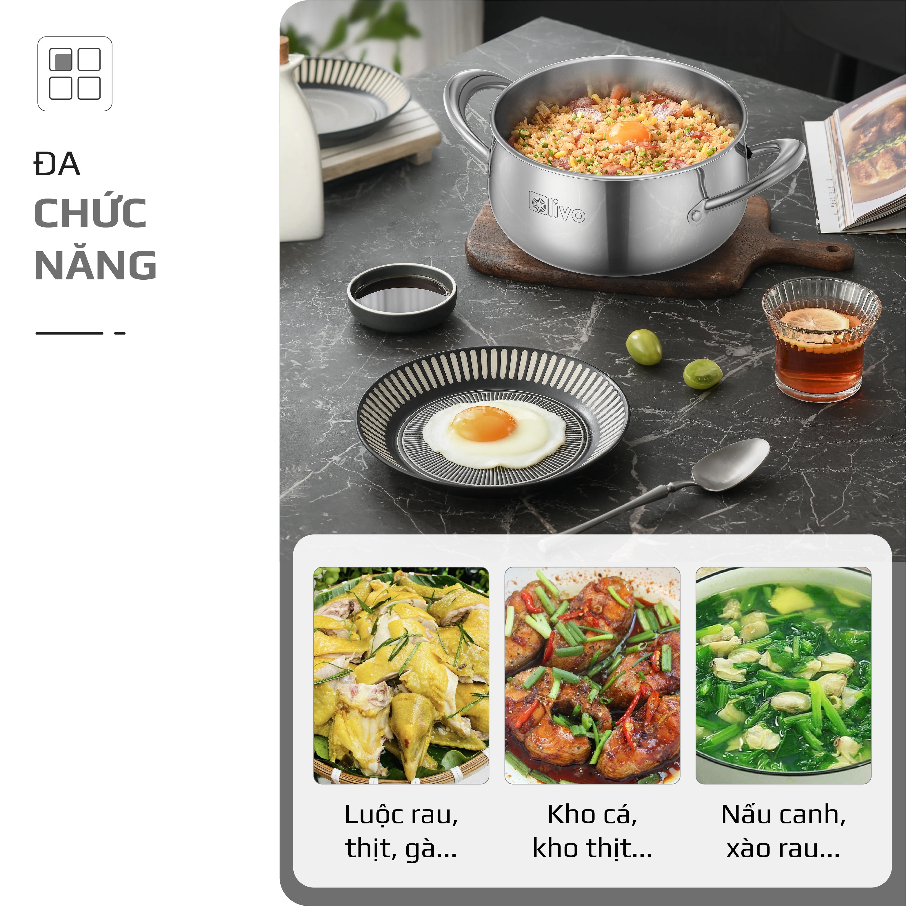 Bộ Nồi Inox OLIVO Chef’s Premium - Bộ 3 Nồi - Đa Dạng Kích Thước - Đáy Kép Liền Khối - Nắp Kính Cường Lực - Nấu Được Trên Mọi Loại Bếp