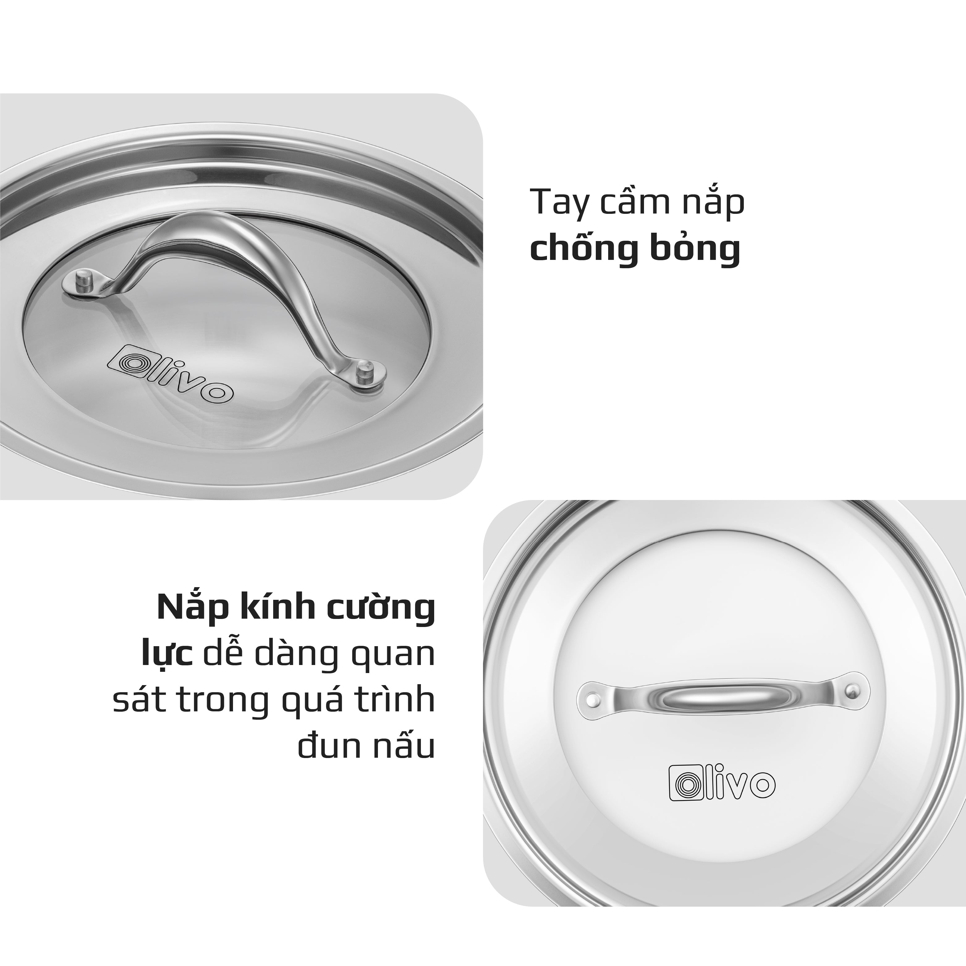 Bộ Nồi Inox OLIVO Chef’s Premium - Bộ 3 Nồi - Đa Dạng Kích Thước - Đáy Kép Liền Khối - Nắp Kính Cường Lực - Nấu Được Trên Mọi Loại Bếp