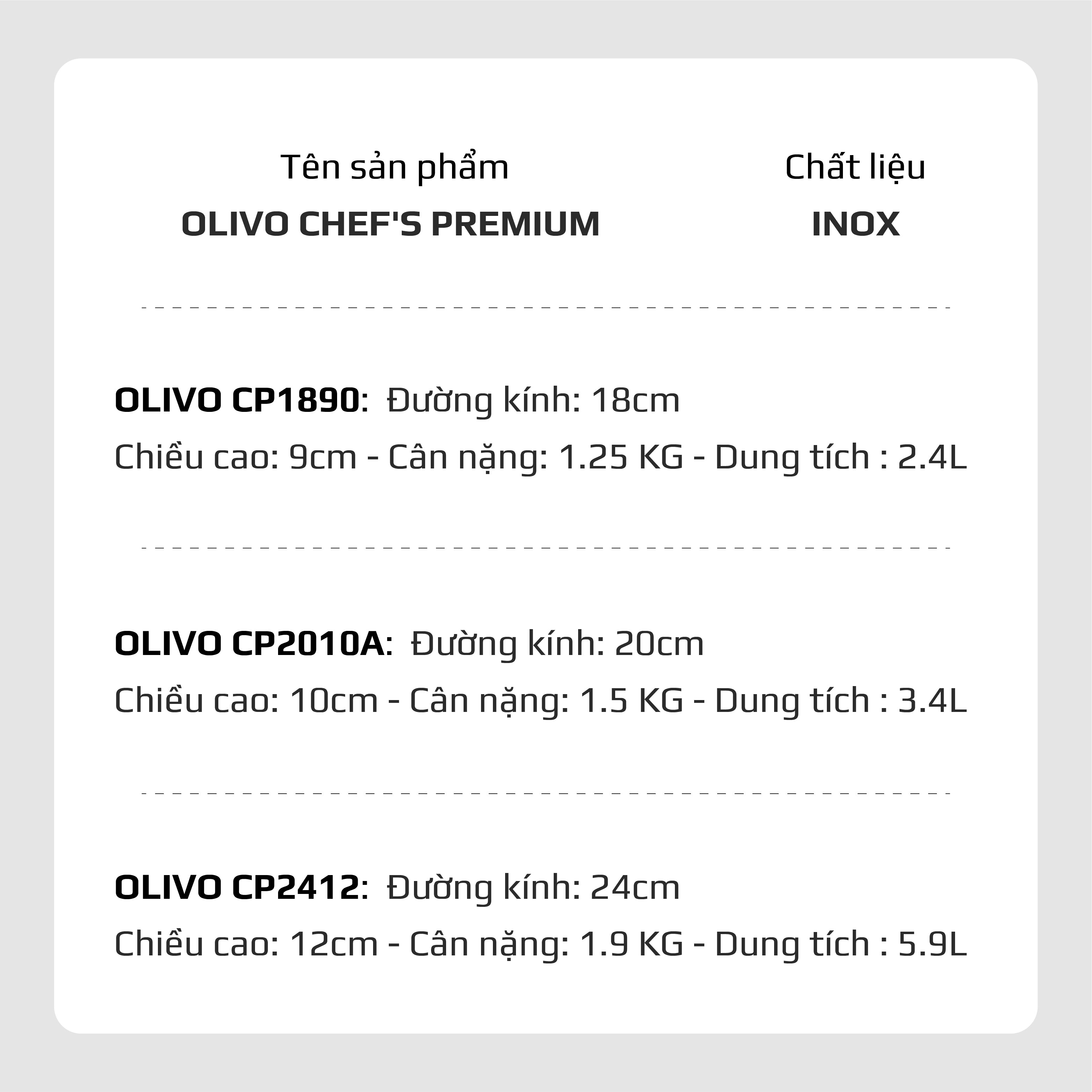 Bộ Nồi Inox OLIVO Chef’s Premium - Bộ 3 Nồi - Đa Dạng Kích Thước - Đáy Kép Liền Khối - Nắp Kính Cường Lực - Nấu Được Trên Mọi Loại Bếp