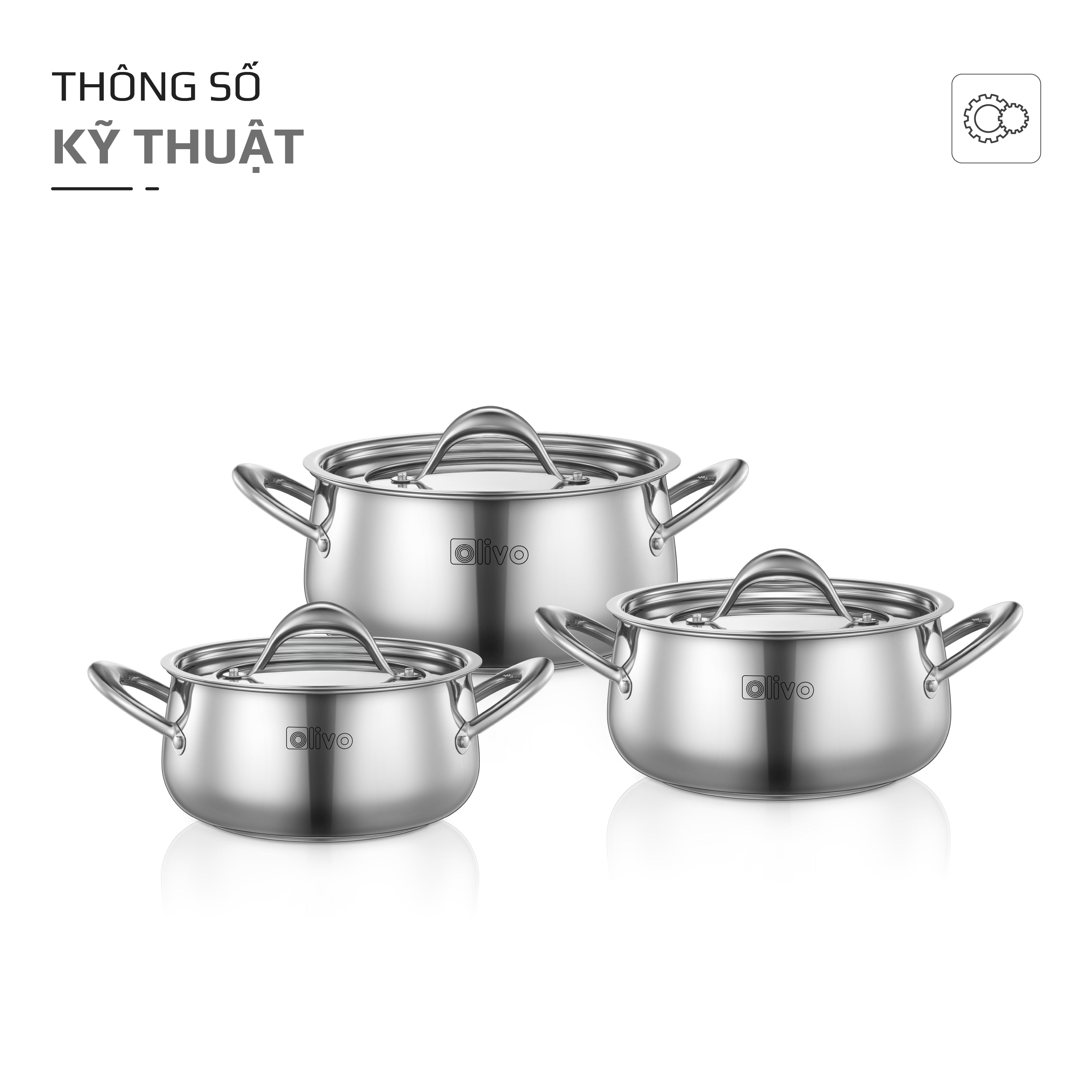 Bộ Nồi Inox OLIVO Chef’s Premium - Bộ 3 Nồi - Đa Dạng Kích Thước - Đáy Kép Liền Khối - Nắp Kính Cường Lực - Nấu Được Trên Mọi Loại Bếp