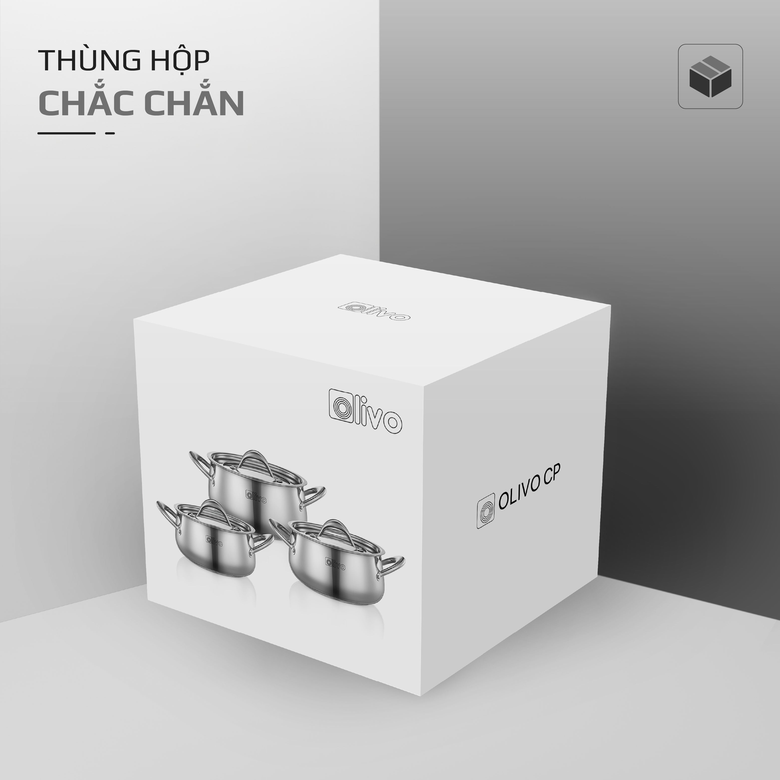 Bộ Nồi Inox OLIVO Chef’s Premium - Bộ 3 Nồi - Đa Dạng Kích Thước - Đáy Kép Liền Khối - Nắp Kính Cường Lực - Nấu Được Trên Mọi Loại Bếp