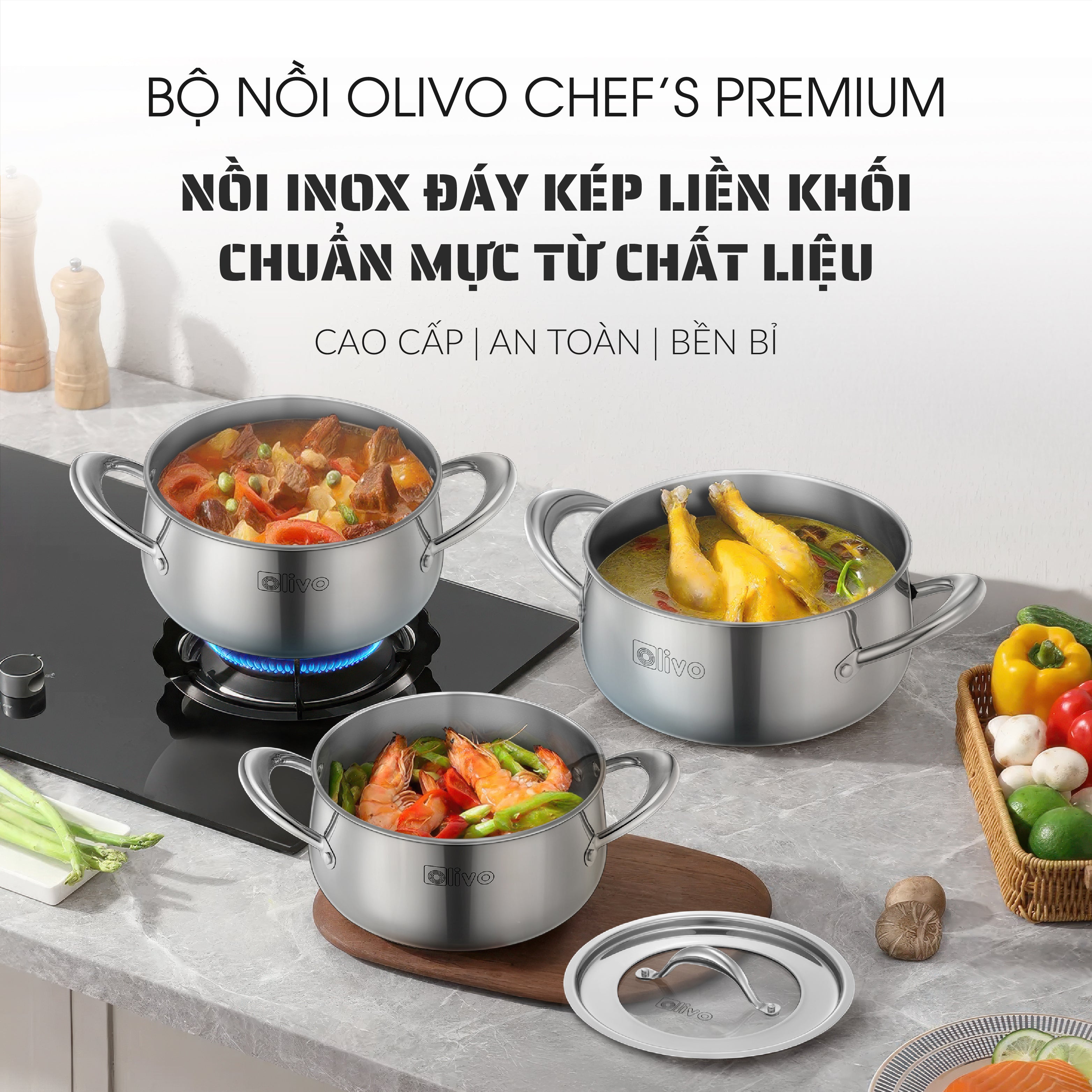 Bộ Nồi Inox OLIVO Chef’s Premium - Bộ 3 Nồi - Đa Dạng Kích Thước - Đáy Kép Liền Khối - Nắp Kính Cường Lực - Nấu Được Trên Mọi Loại Bếp