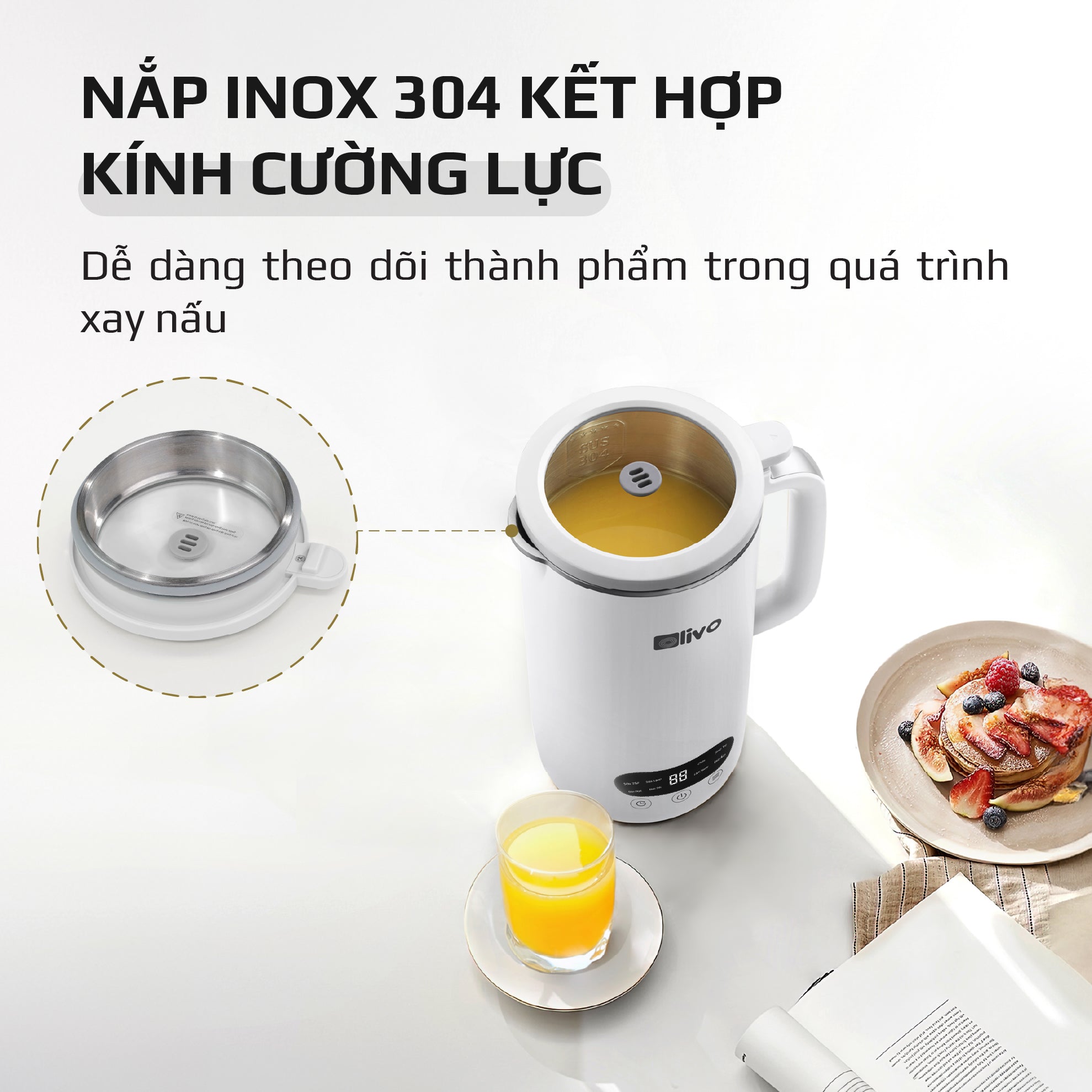 Máy Xay Nấu Đa Năng OLIVO CB1000 - Dung Tích 1L - 9 Chế Độ - Lòng Cối Inox 304 - Nắp Kính Cường Lực - Công Suất 880W - Chống Trào Tuyệt Đối