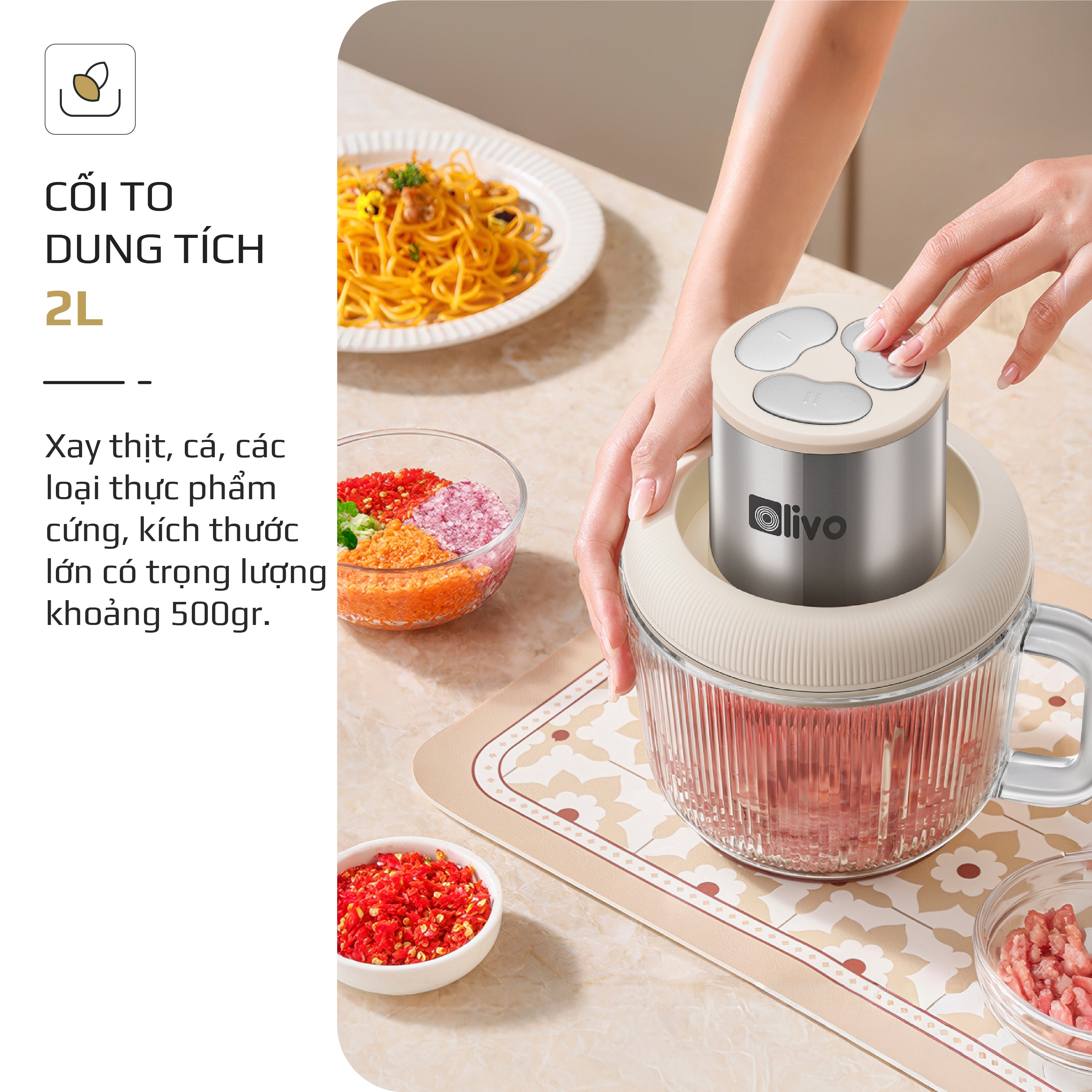 Máy Xay Thực Phẩm Đa Năng OLIVO FC25 - 2 Cối Xay - Dung Tích 2L Và 300ML - Công Suất 300W - 3 Chế Độ Xay