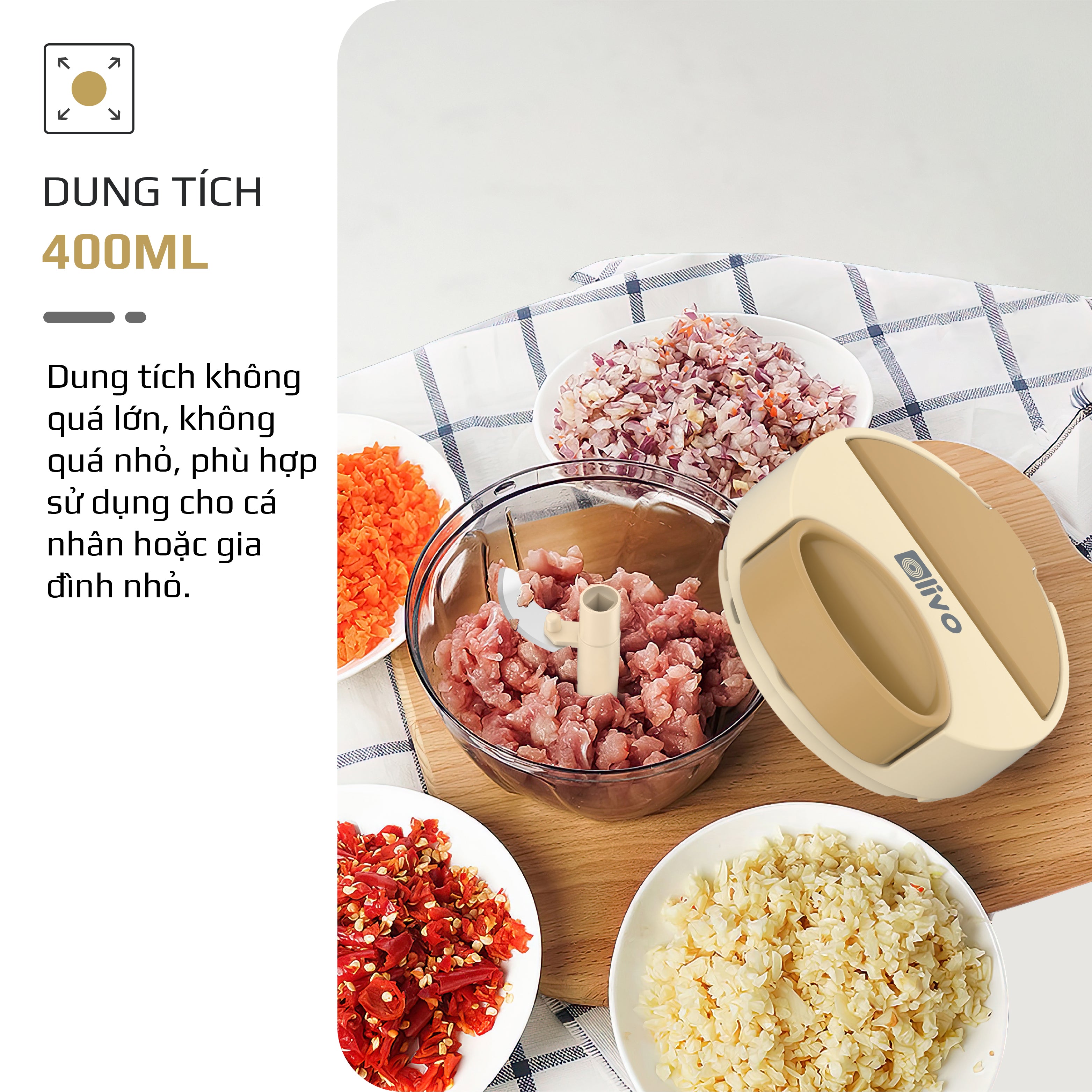 Dụng Cụ Xay Thực Phẩm Đa Năng Mini OLIVO MFC468 – Xay Tỏi Ớt, Xay Thịt, Xay Hạt Tiện Lợi – Nắp Lật Tiện Dụng - Dây Kéo Chắc Chắn – Dung Tích 400ML – Dễ Dàng Vệ Sinh