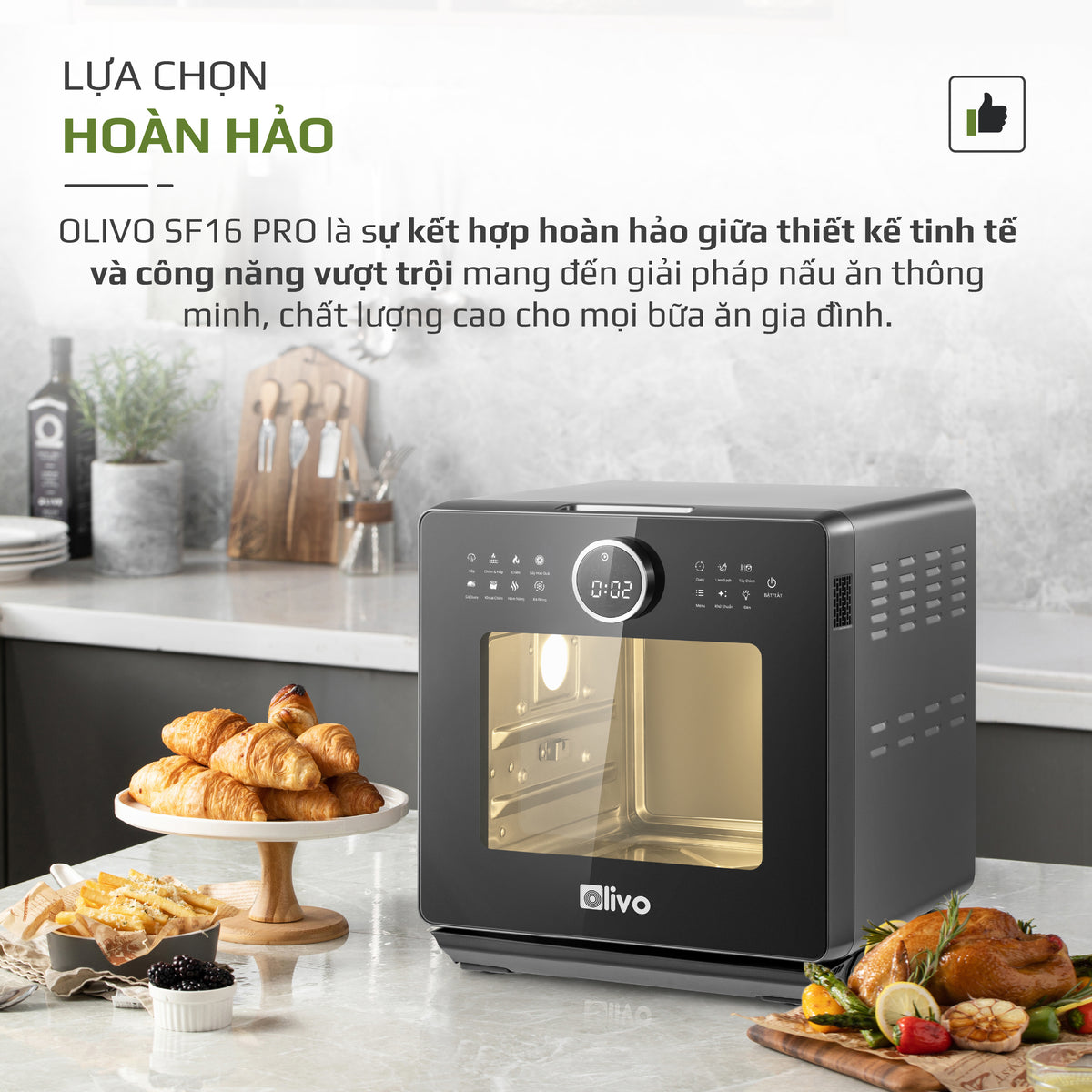 Nồi Chiên Hấp Đa Năng OLIVO SF16 PRO 2026 - 70 Chế Độ Cài Sẵn, Toàn Bộ Khoang Nồi Và Phụ Kiện Bằng Inox 304 Cao Cấp, Dung Tích 16L, Vệ Sinh Dễ Dàng
