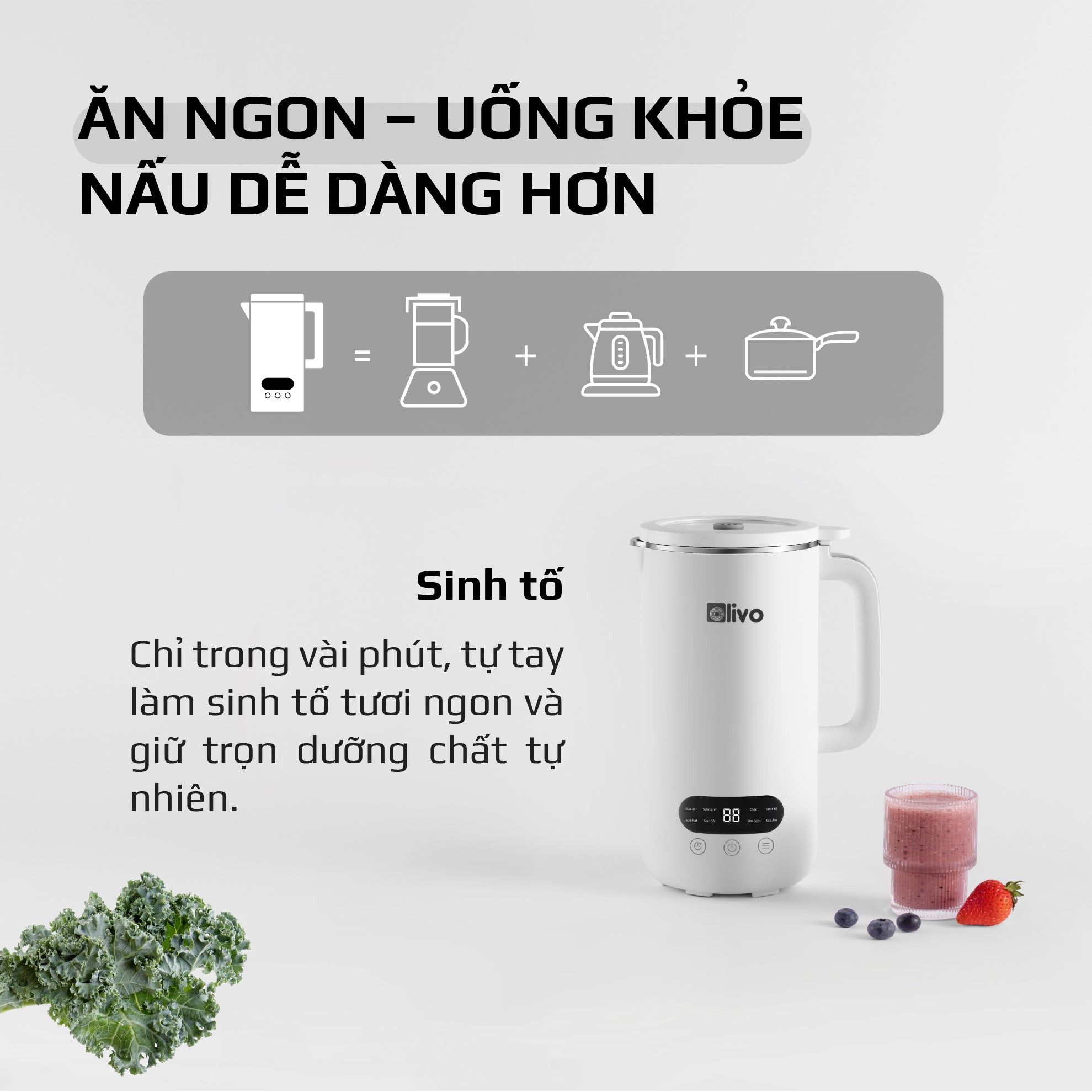 Máy Xay Nấu Đa Năng OLIVO CB1000 - Dung Tích 1L - 9 Chế Độ - Lòng Cối Inox 304 - Nắp Kính Cường Lực - Công Suất 880W - Chống Trào Tuyệt Đối