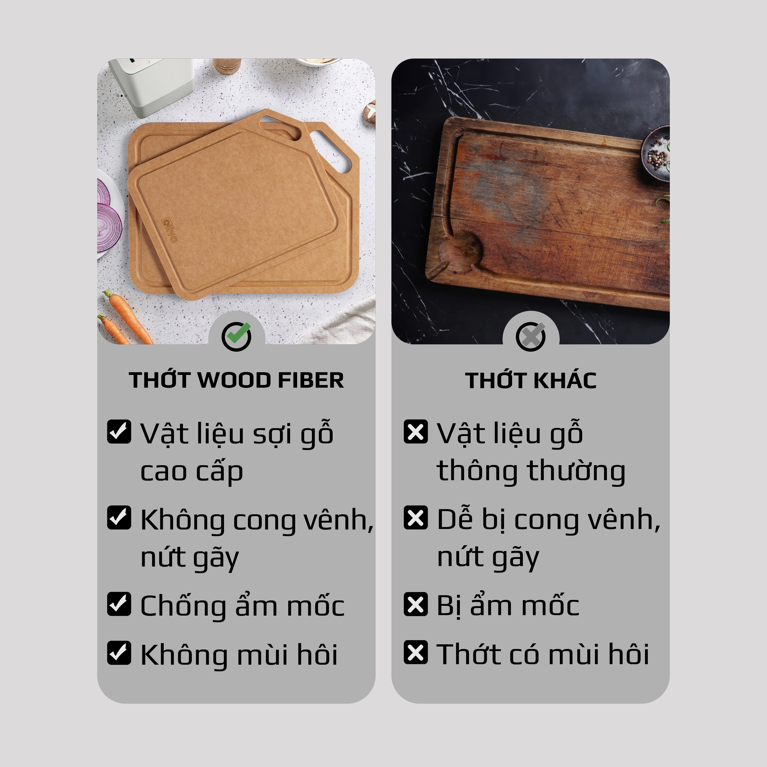 Thớt Sợi Gỗ OLIVO Wood Fiber K30S – K37S – Chống Cong Vênh, Ẩm Mốc, Không Bám Mùi Thực Phẩm – Sử Dụng Được Với Máy Rửa Bát