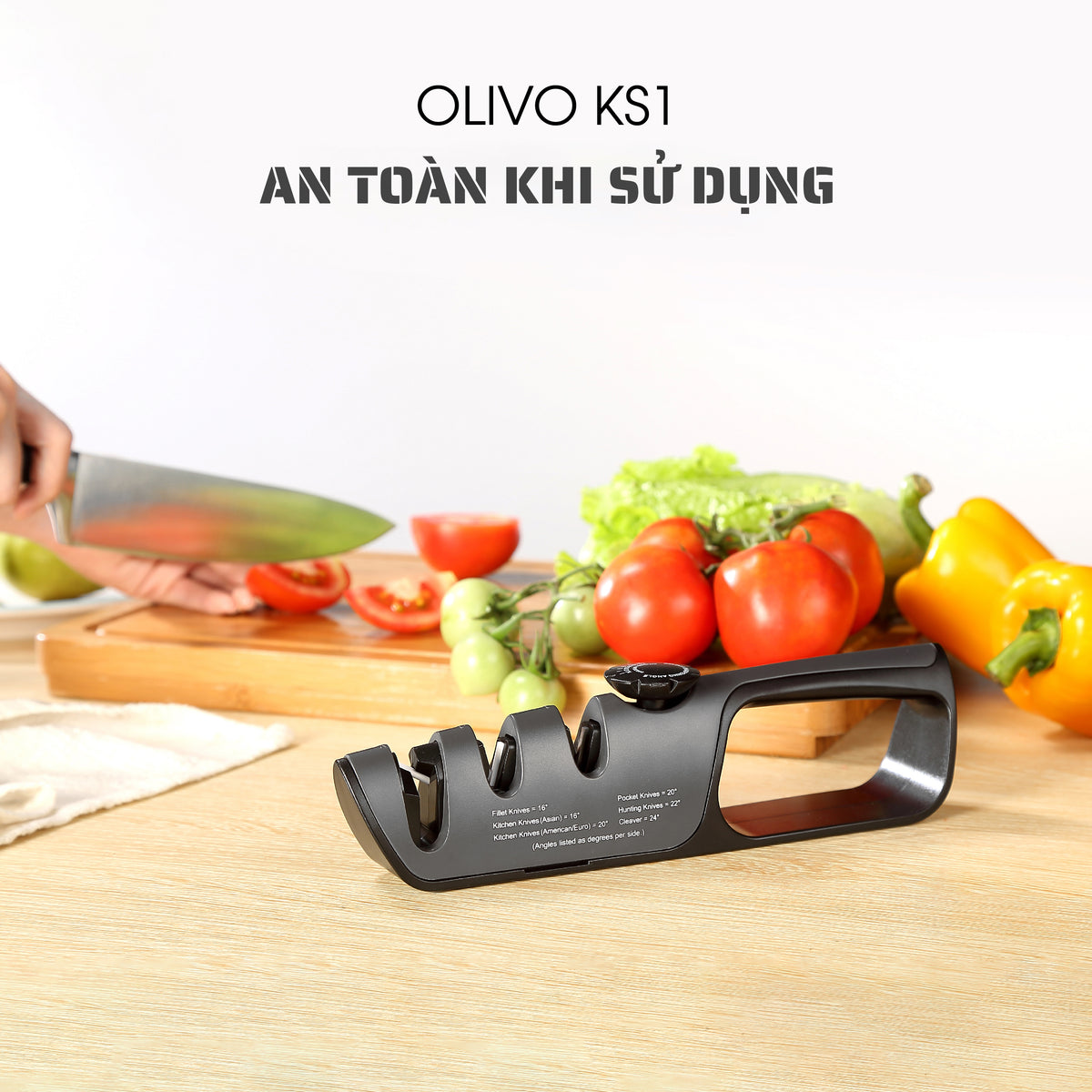 Dụng Cụ Mài Dao Kéo OLIVO KS1 - Làm Sắc Nhanh - 3 Khe Mài Riêng Biệt - Núm Xoay Điều Chỉnh Góc Mài - Dễ Sử Dụng