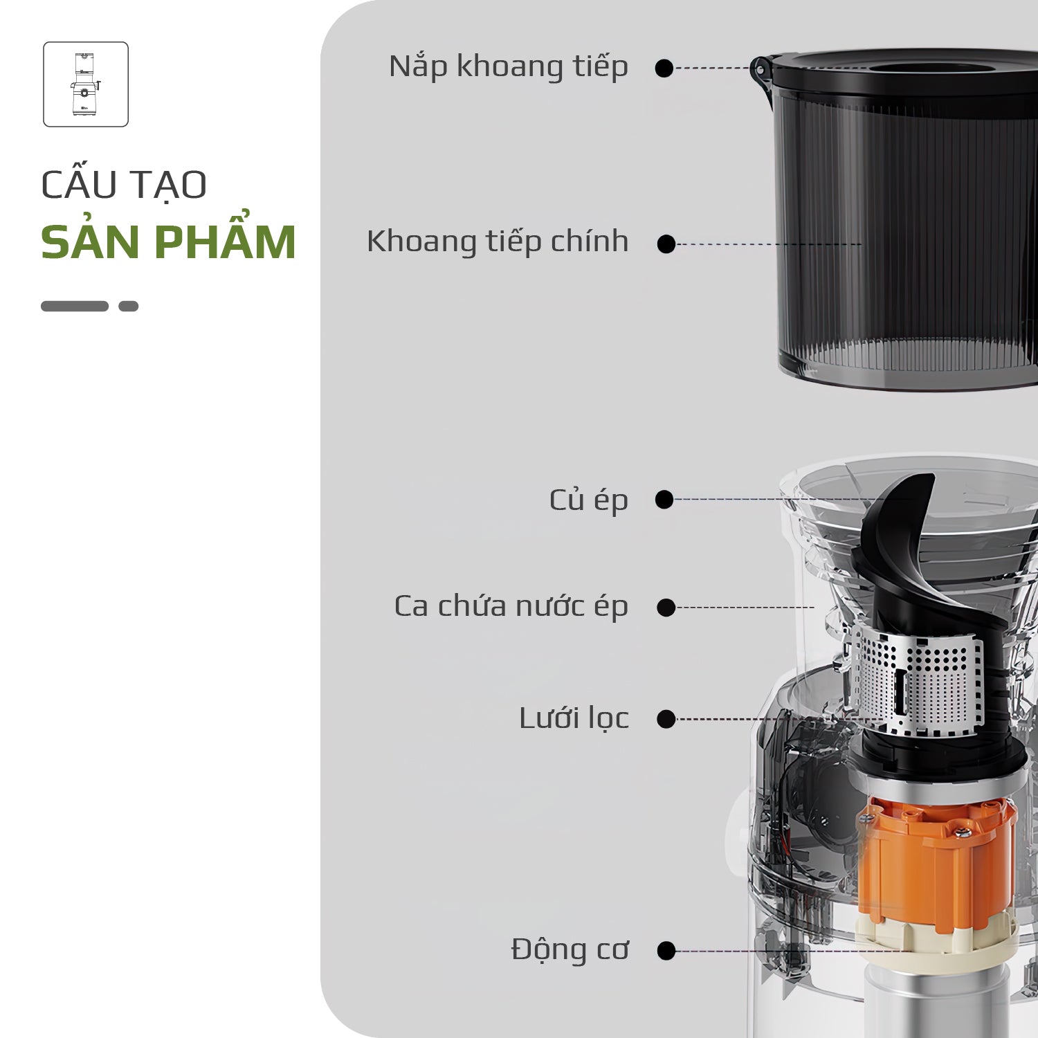 Máy Ép Chậm OLIVO SJ240 - Phiên Bản Giới Hạn Màu Titanium - Khoang Tiếp Lớn - Giải Pháp Hoàn Hảo Cho Việc Ép Kết Hợp Trái Cây, Rau Củ