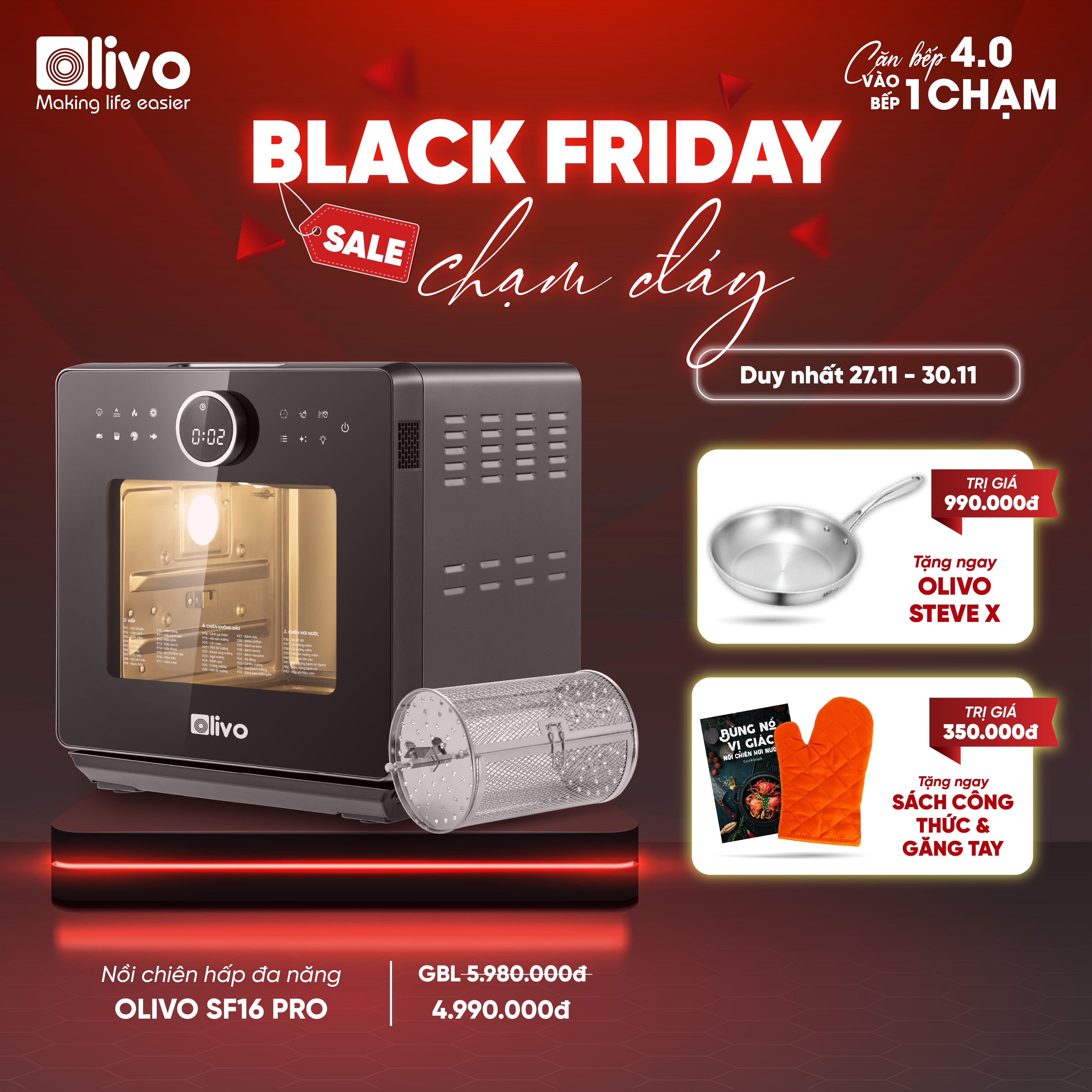 Nồi Chiên Hấp Đa Năng OLIVO SF16 PRO 2025 - 70 Chế Độ Cài Sẵn, Toàn Bộ Khoang Nồi Và Phụ Kiện Bằng Inox 304 Cao Cấp, Dung Tích 16L, Vệ Sinh Dễ Dàng