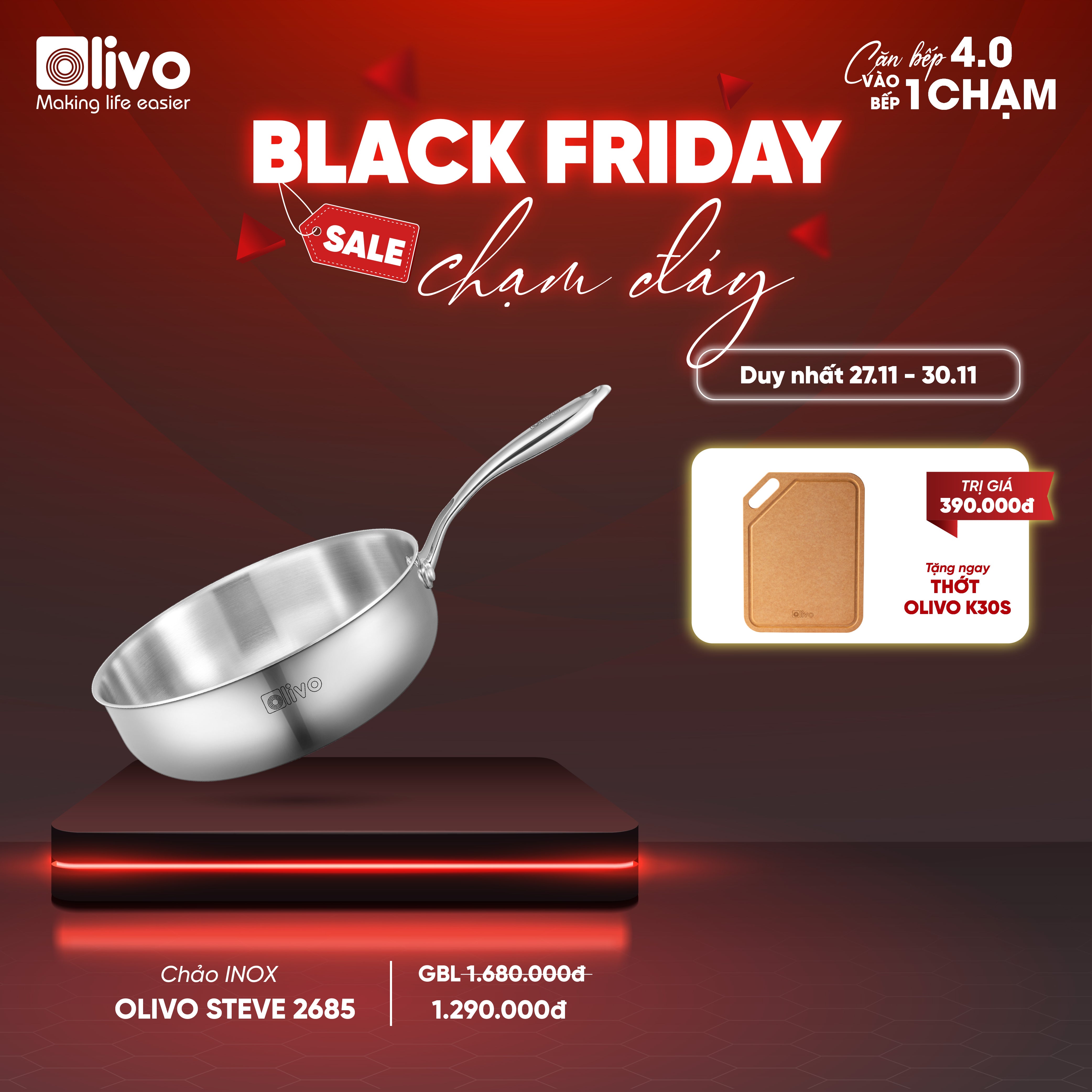 CHẢO INOX OLIVO STEVE 2685 – Chống Dính Tự Nhiên, Đáy 3 Lớp, Đường Kính 26cm, Sâu 8.5cm – Nấu Được Trên Mọi Loại Bếp