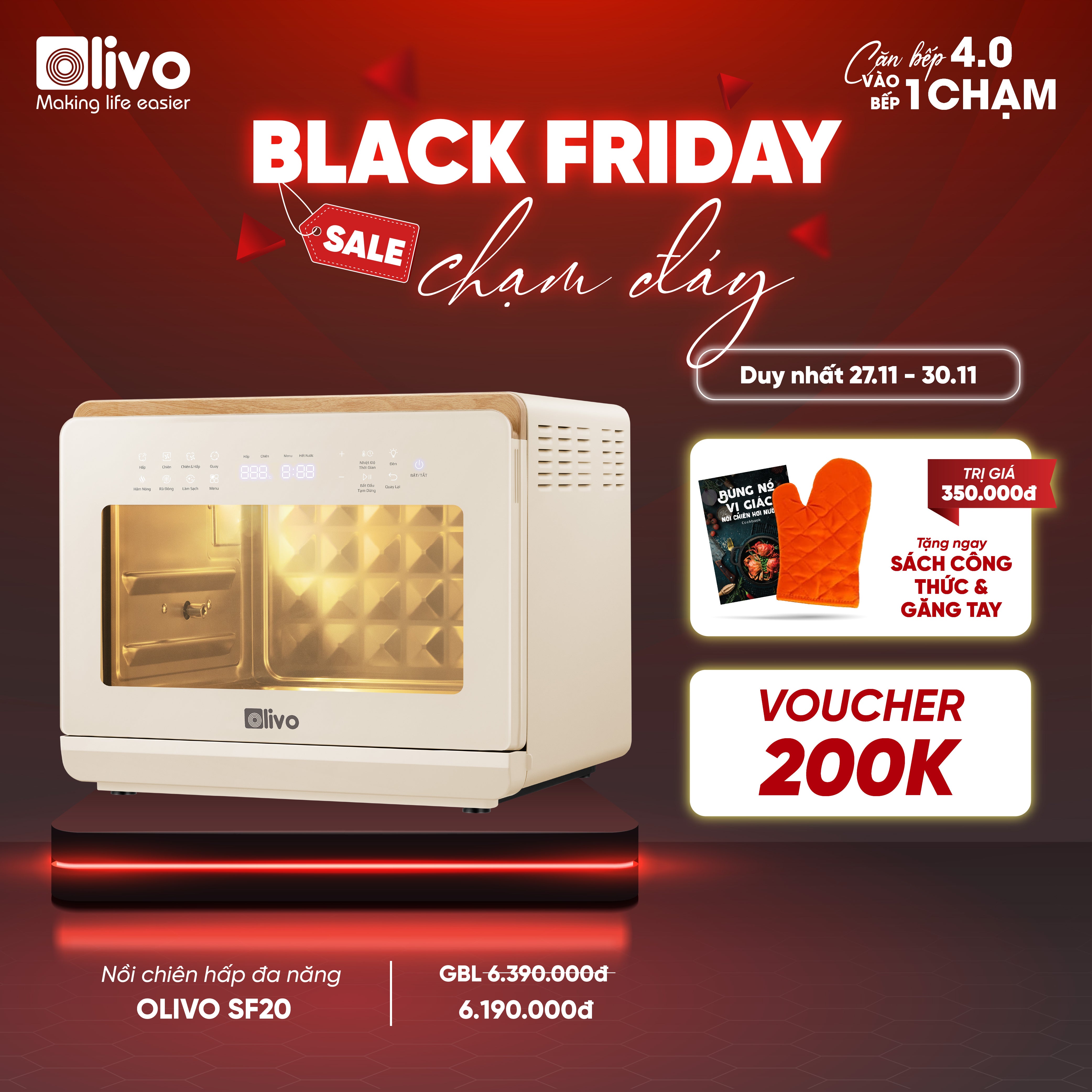 Nồi Chiên Hấp Đa Năng OLIVO SF20 PRO - Dung tích vượt trội 20L, Ứng dụng công nghệ hiện đại bậc nhất - Hấp Nano Steam/Chiên Eco Fry, 70 Chế Độ Cài Sẵn,Vệ Sinh Dễ Dàng