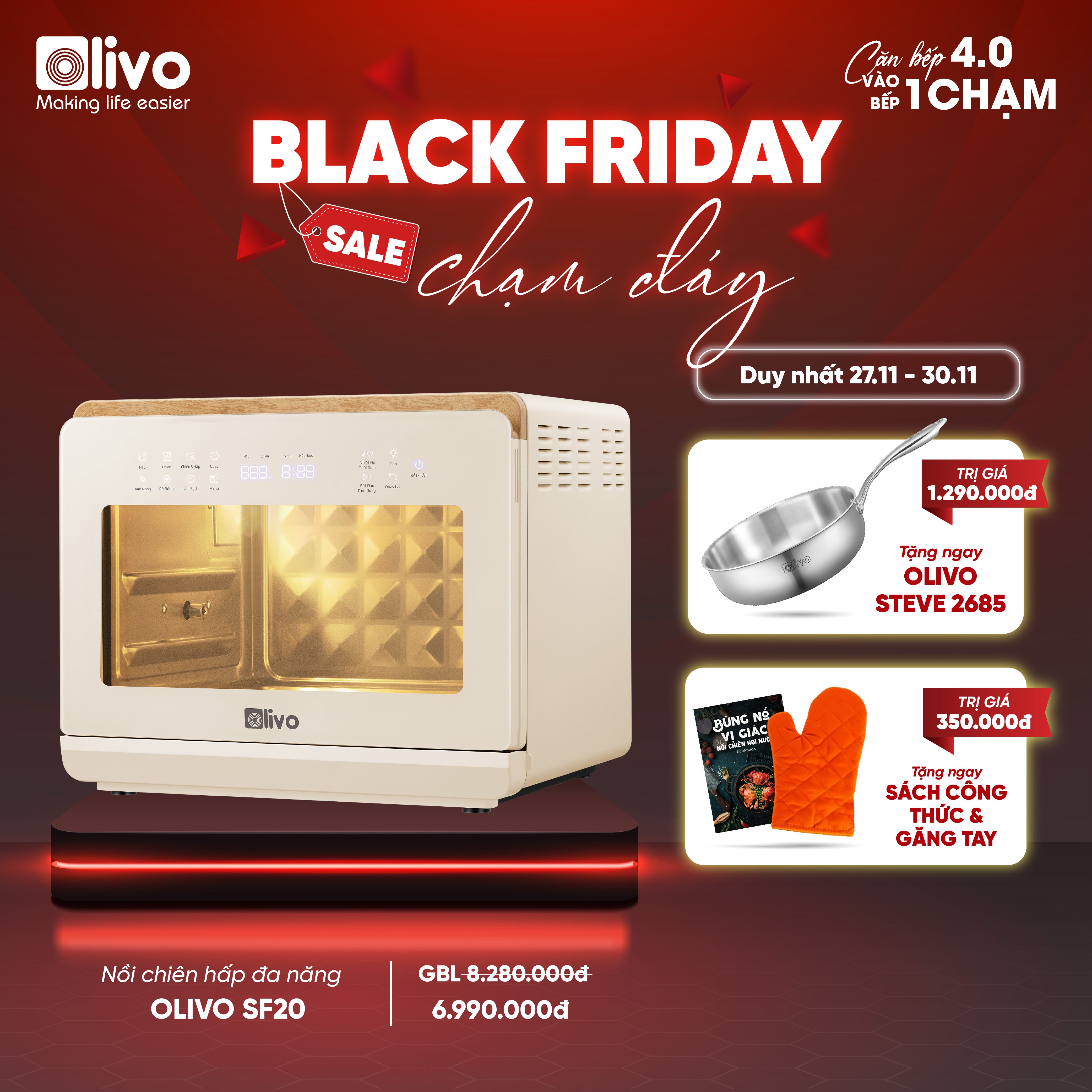 Nồi Chiên Hấp Đa Năng OLIVO SF20 PRO - Dung tích vượt trội 20L, Ứng dụng công nghệ hiện đại bậc nhất - Hấp Nano Steam/Chiên Eco Fry, 70 Chế Độ Cài Sẵn,Vệ Sinh Dễ Dàng