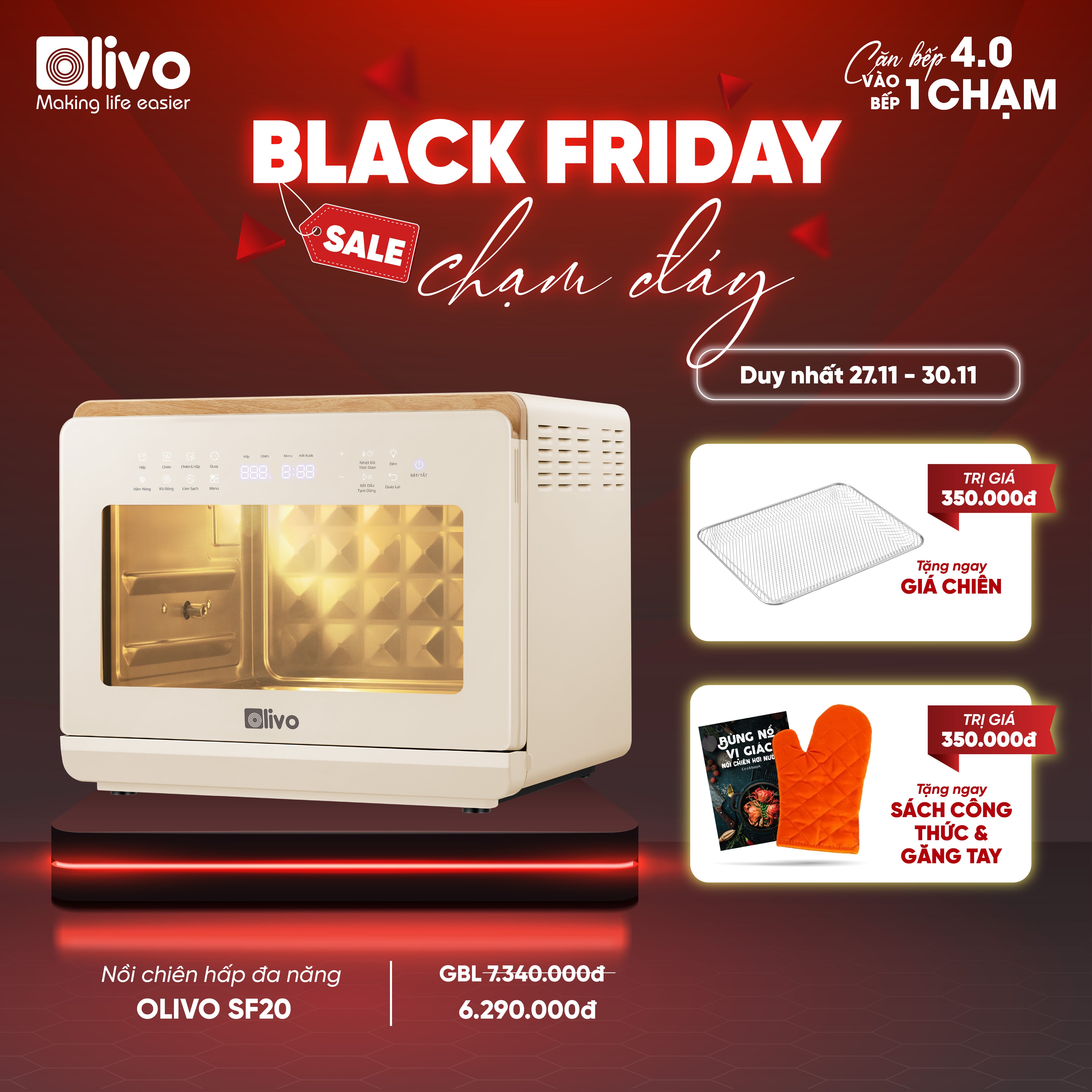 Nồi Chiên Hấp Đa Năng OLIVO SF20 PRO - Dung tích vượt trội 20L, Ứng dụng công nghệ hiện đại bậc nhất - Hấp Nano Steam/Chiên Eco Fry, 70 Chế Độ Cài Sẵn,Vệ Sinh Dễ Dàng