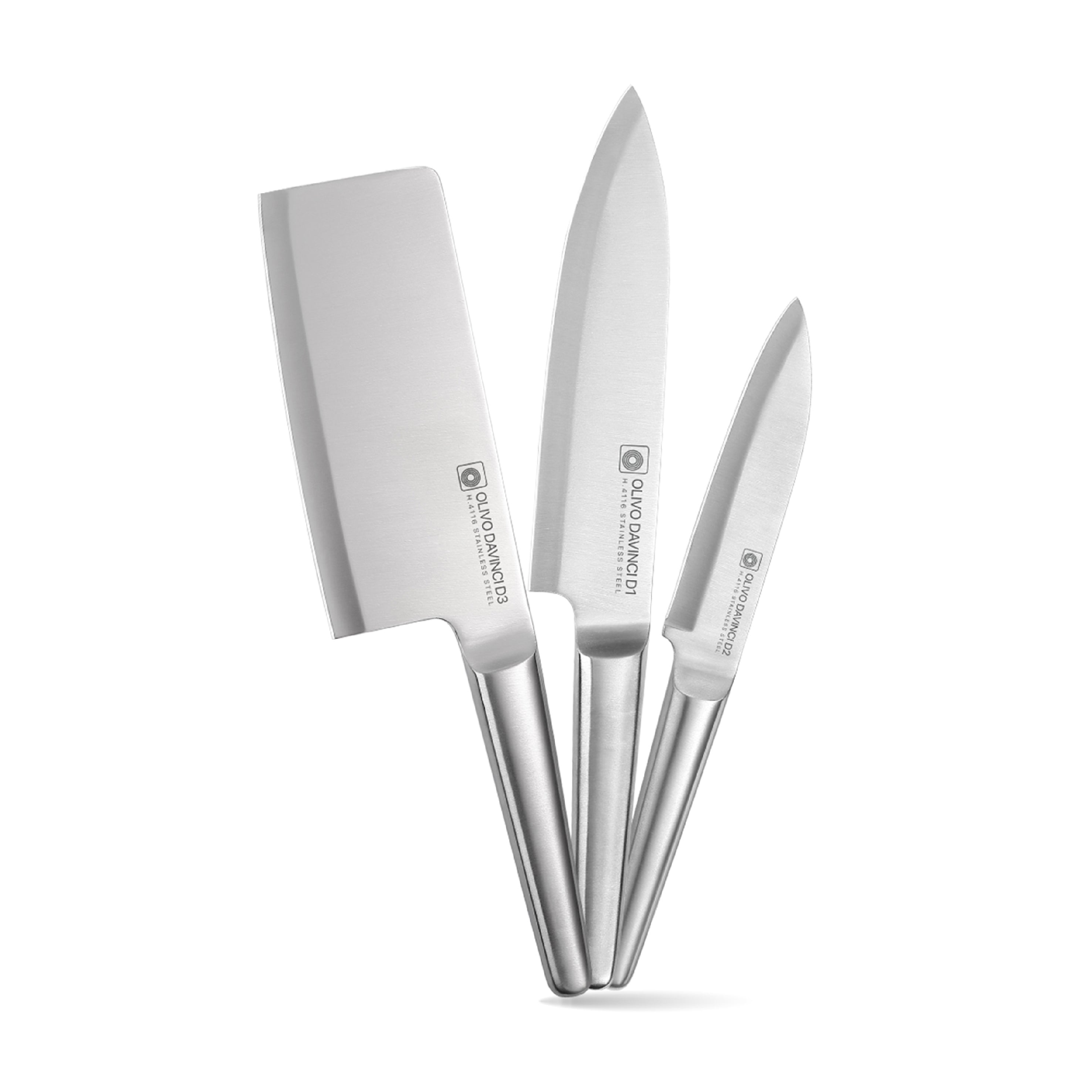 Bộ Dao 3 Món OLIVO DAVINCI - Vật Liệu Cao Cấp - Lưỡi Dao Sắc Bén - Thiết Kế Công Thái Học - Chuôi INOX 430 Siêu Bền
