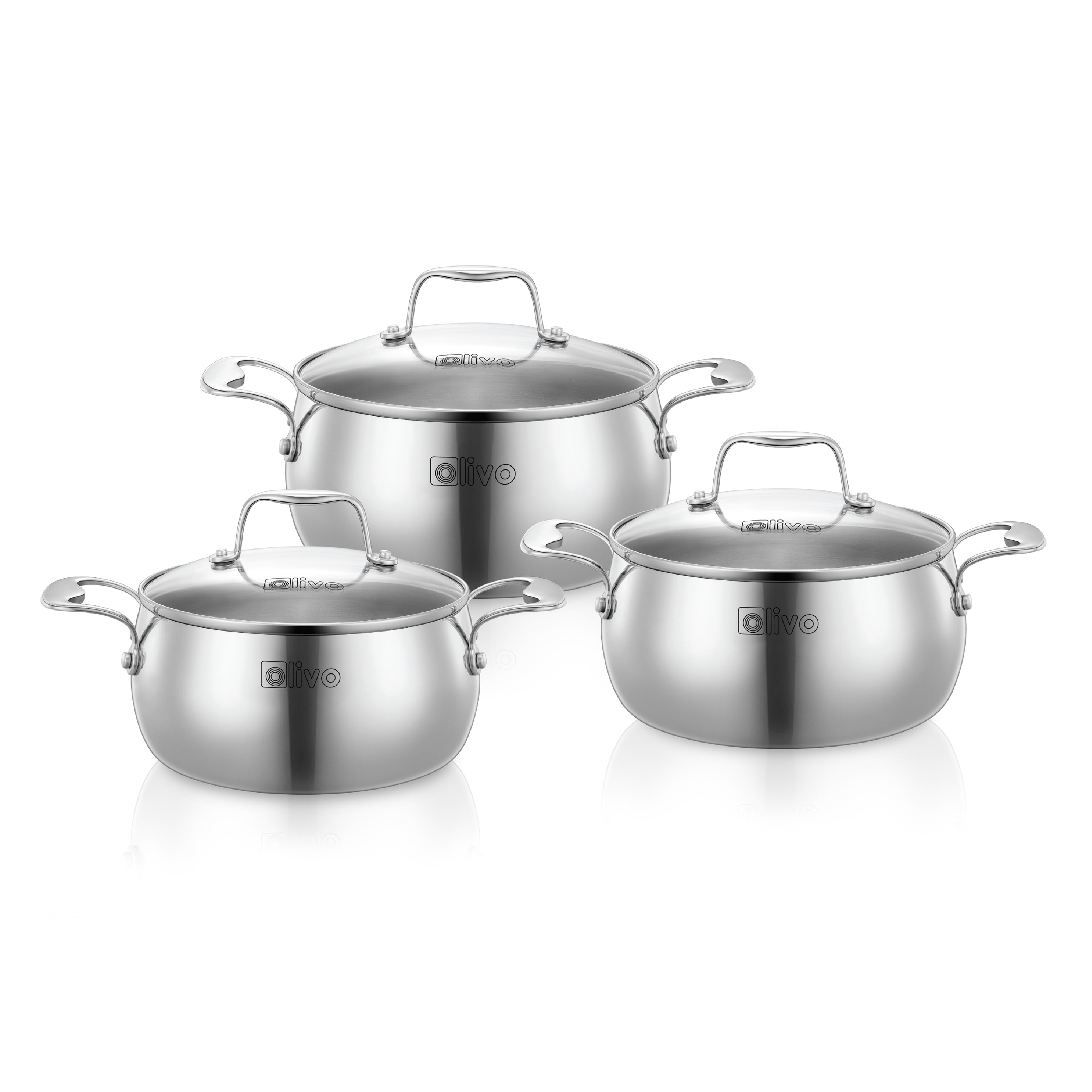 Bộ Nồi Olivo Steve CS - Bộ 3 Nồi - Đa Dạng Kích Thước - Inox 3 Lớp - Nắp Kính Cường Lực - Nấu Được Trên Mọi Loại Bếp