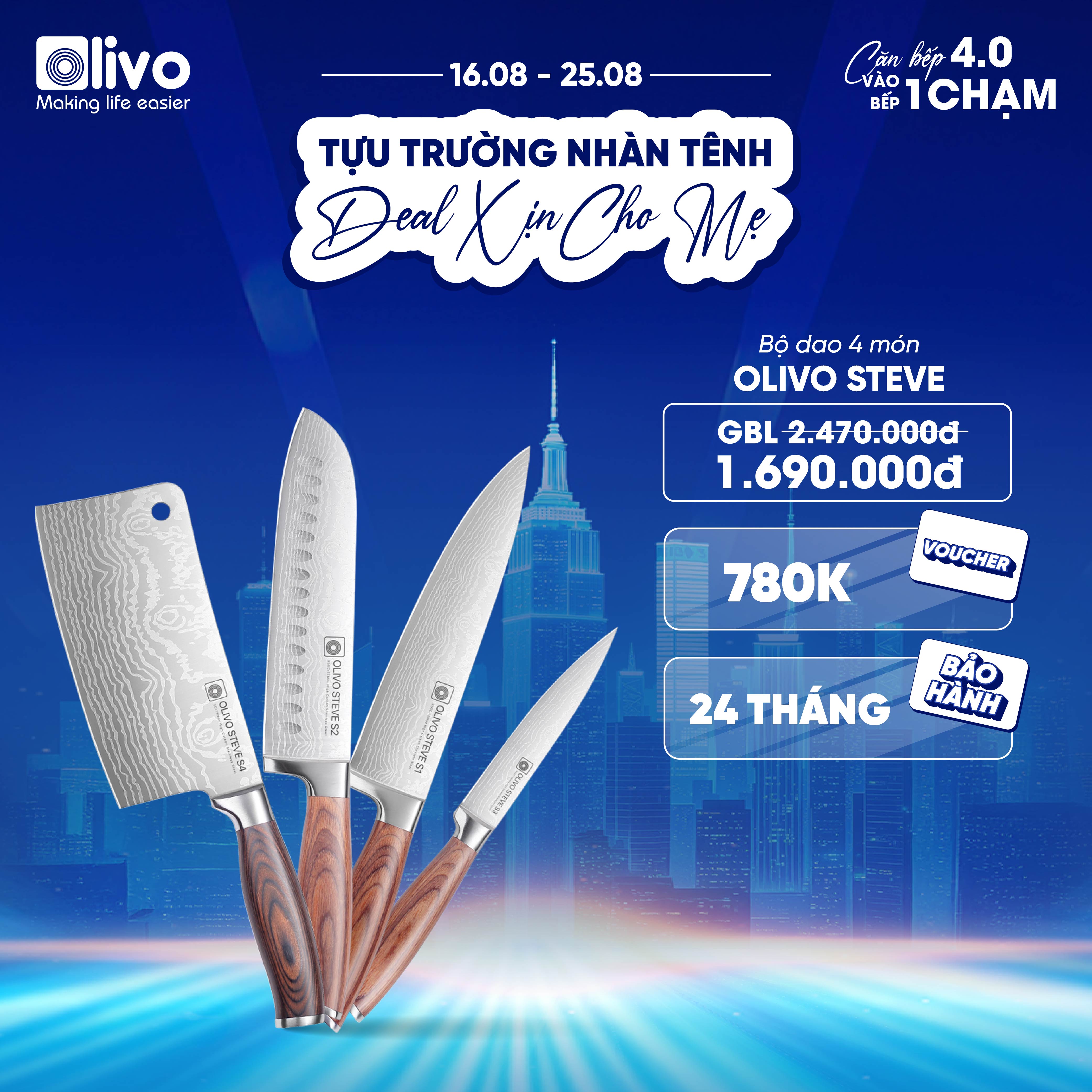 Bộ Dao 4 Món OLIVO STEVE - Vật Liệu Cao Cấp - Chuôi Gỗ Hồng - Thiết Kế Công Thái Học - Lưỡi Dao Sắc Bén