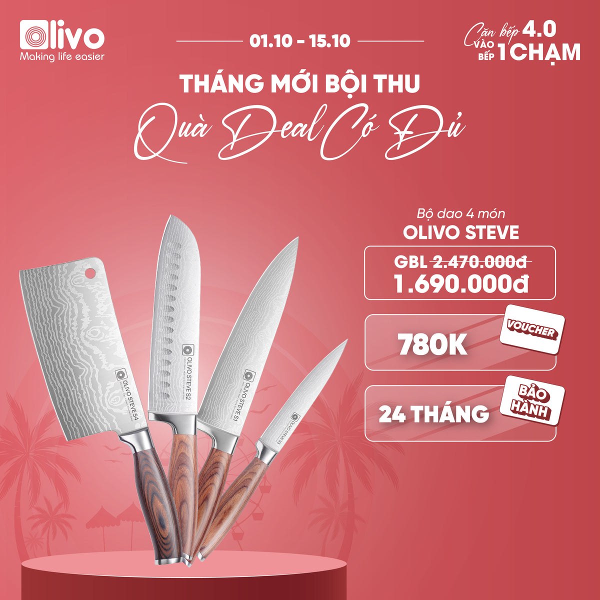 Bộ Dao 4 Món OLIVO STEVE - Vật Liệu Cao Cấp - Chuôi Gỗ Hồng - Thiết Kế Công Thái Học - Lưỡi Dao Sắc Bén