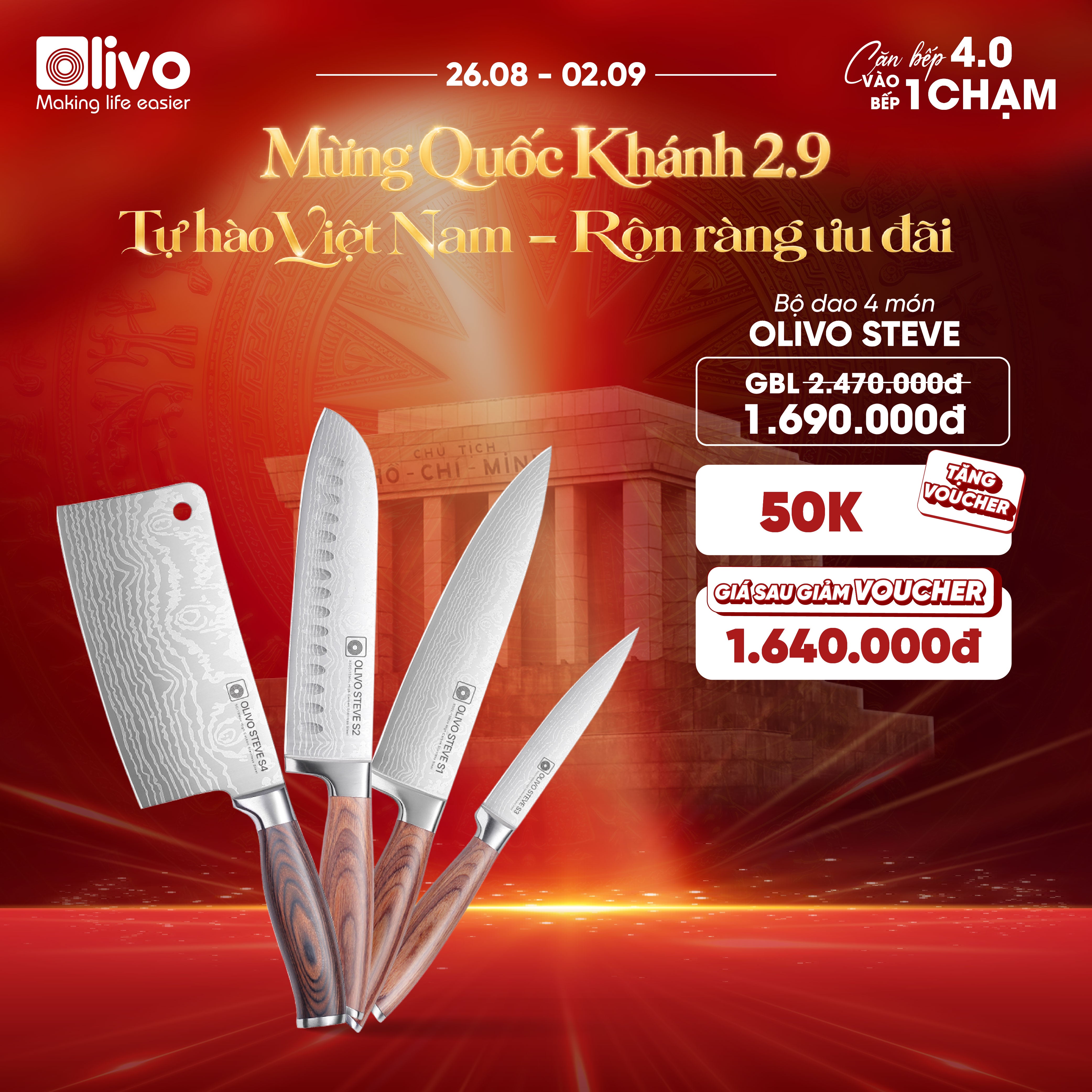 Bộ Dao 4 Món OLIVO STEVE - Vật Liệu Cao Cấp - Chuôi Gỗ Hồng - Thiết Kế Công Thái Học - Lưỡi Dao Sắc Bén