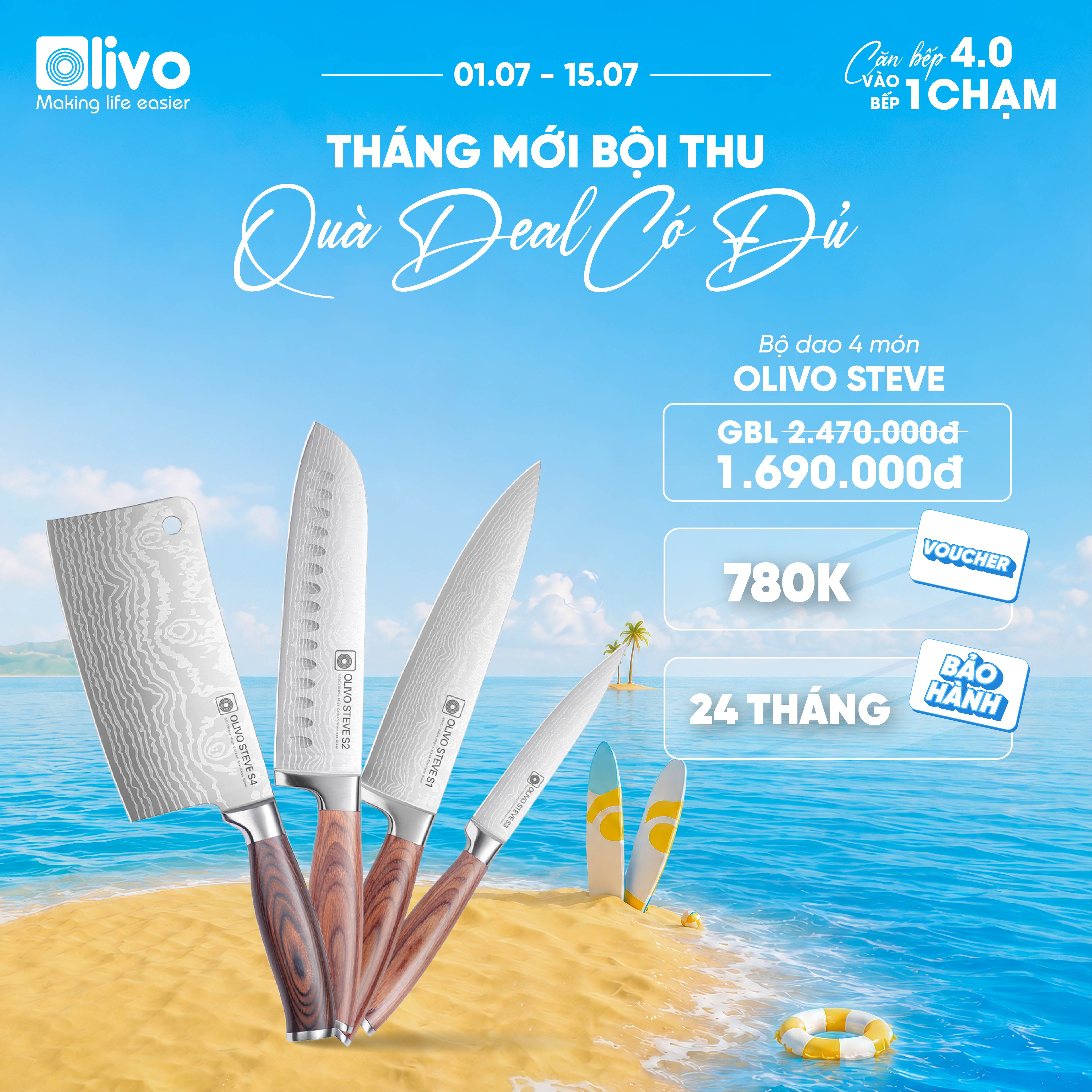 Bộ Dao 4 Món OLIVO STEVE - Vật Liệu Cao Cấp - Chuôi Gỗ Hồng - Thiết Kế Công Thái Học - Lưỡi Dao Sắc Bén