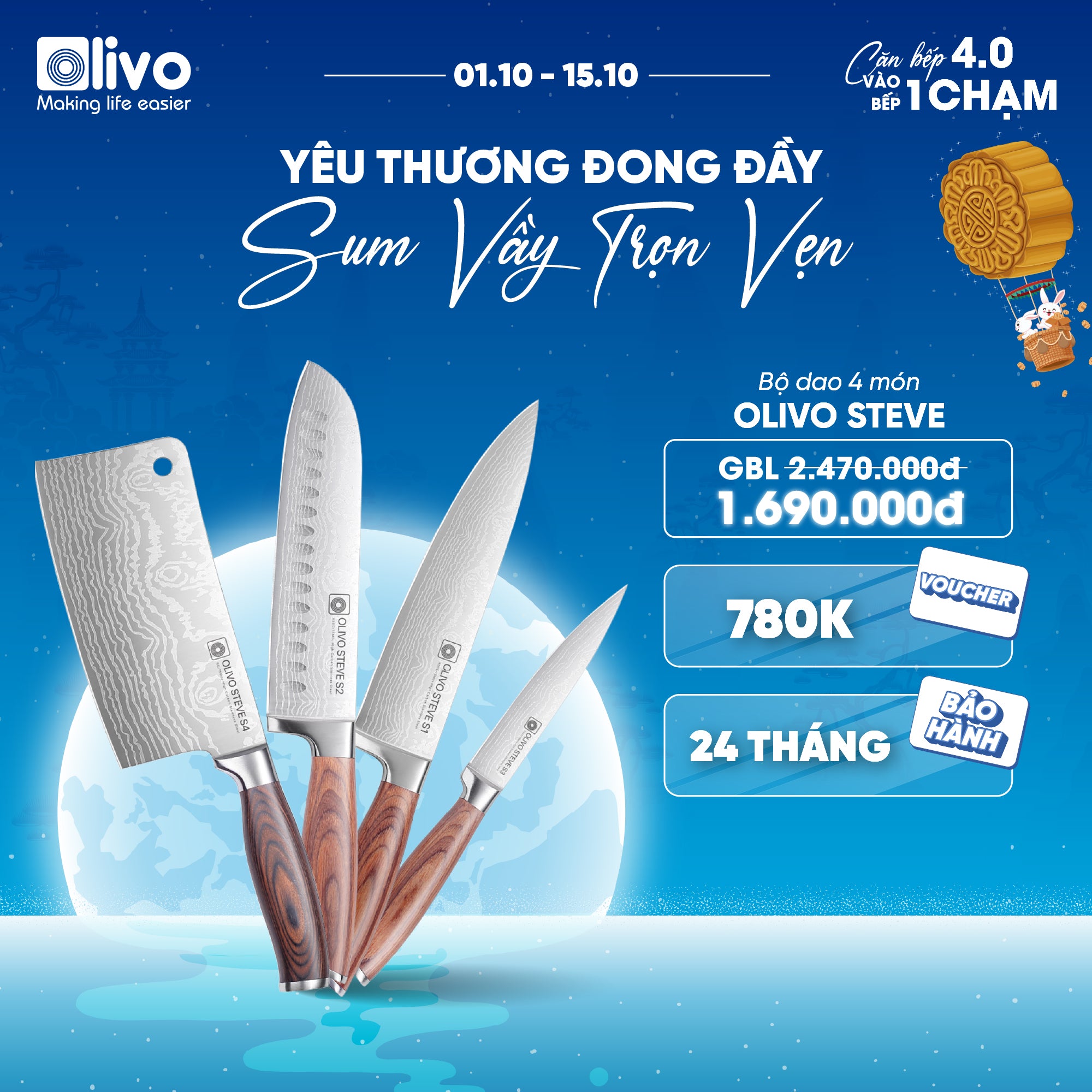 Bộ Dao 4 Món OLIVO STEVE - Vật Liệu Cao Cấp - Chuôi Gỗ Hồng - Thiết Kế Công Thái Học - Lưỡi Dao Sắc Bén
