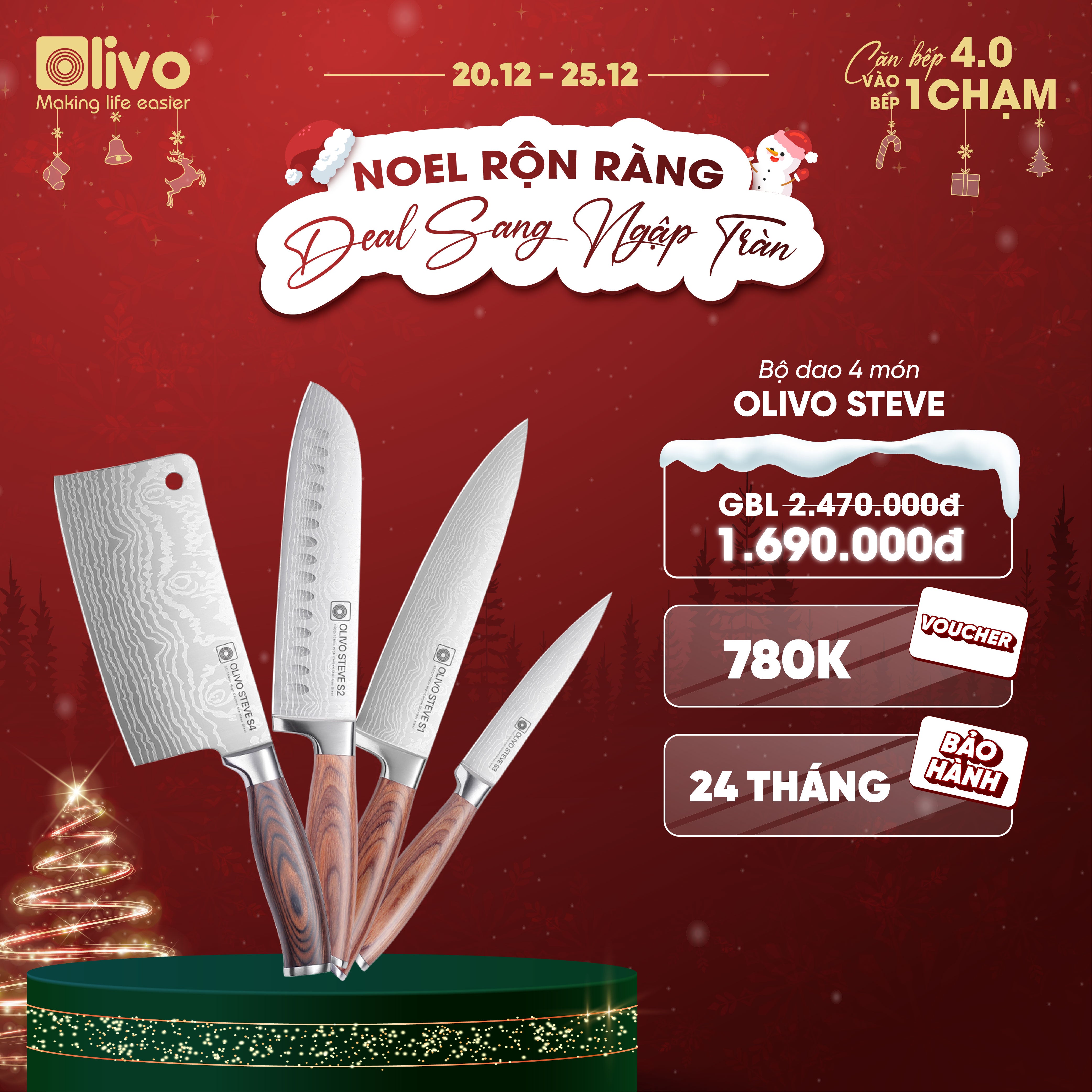 Bộ Dao 4 Món OLIVO STEVE - Vật Liệu Cao Cấp - Chuôi Gỗ Hồng - Thiết Kế Công Thái Học - Lưỡi Dao Sắc Bén