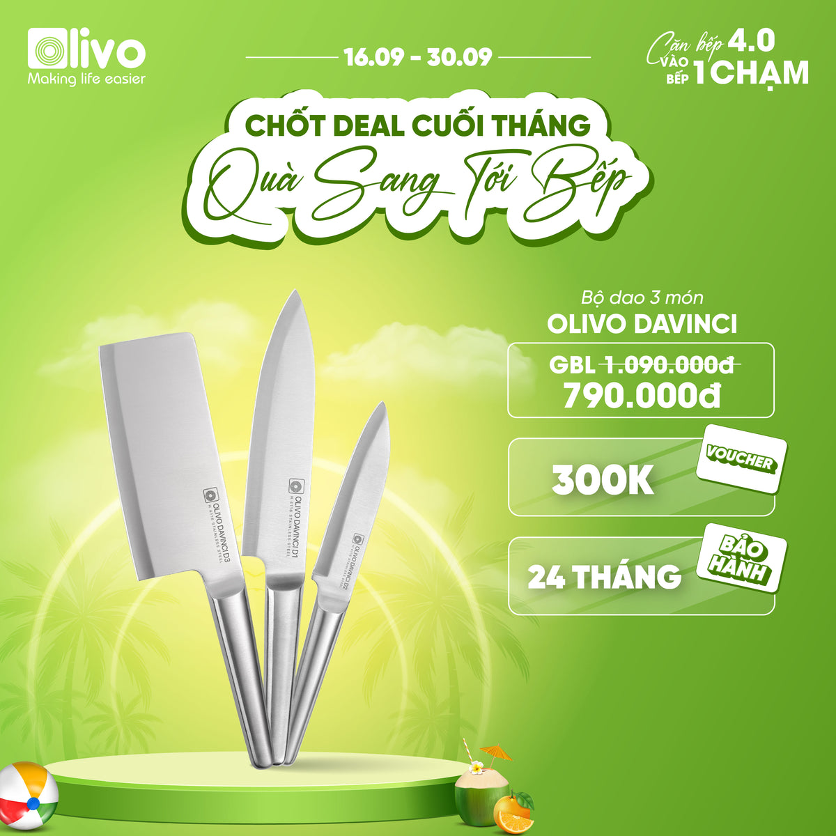 Bộ Dao 3 Món OLIVO DAVINCI - Vật Liệu Cao Cấp - Lưỡi Dao Sắc Bén - Thiết Kế Công Thái Học - Chuôi INOX 430 Siêu Bền