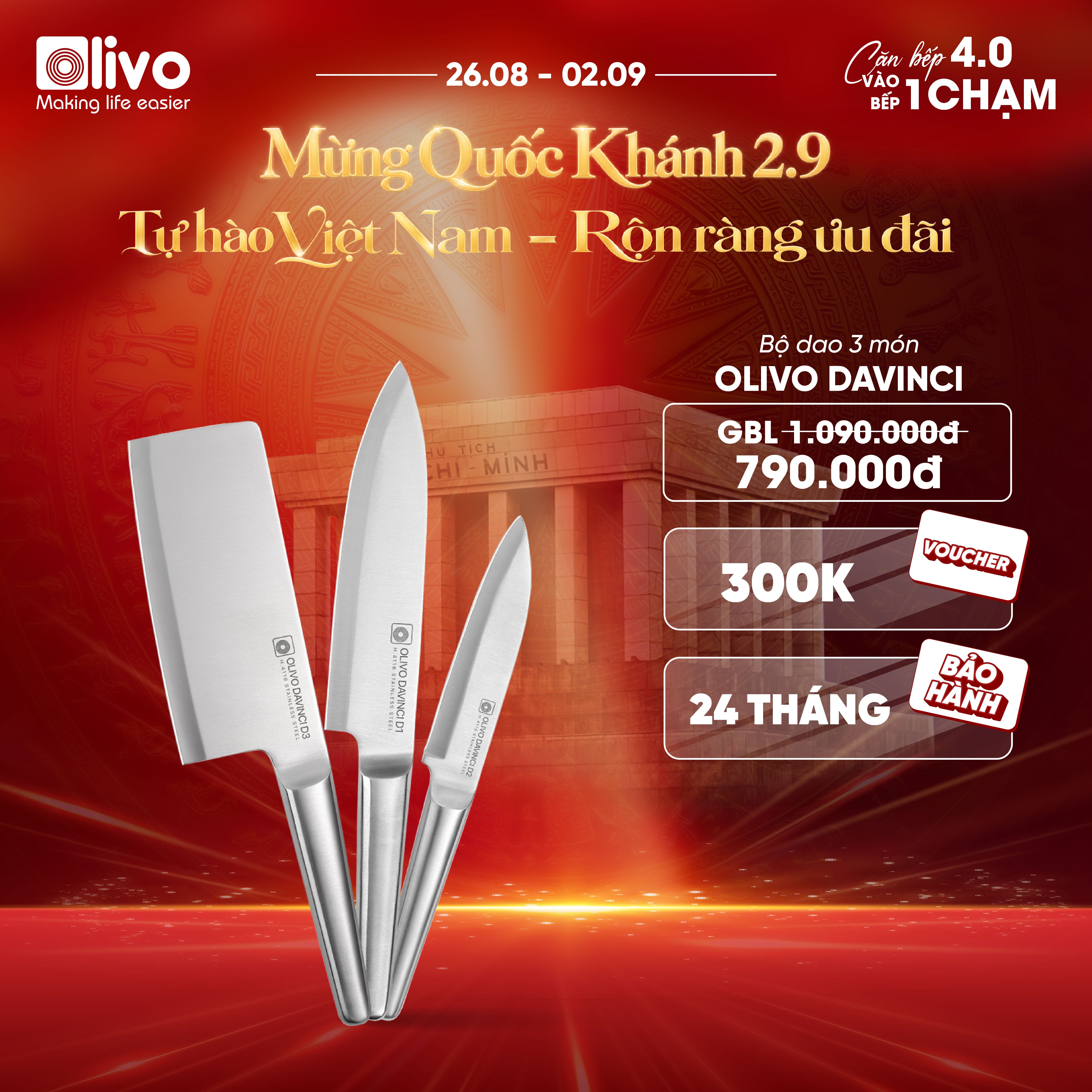 Bộ Dao 3 Món OLIVO DAVINCI - Vật Liệu Cao Cấp - Lưỡi Dao Sắc Bén - Thiết Kế Công Thái Học - Chuôi INOX 430 Siêu Bền