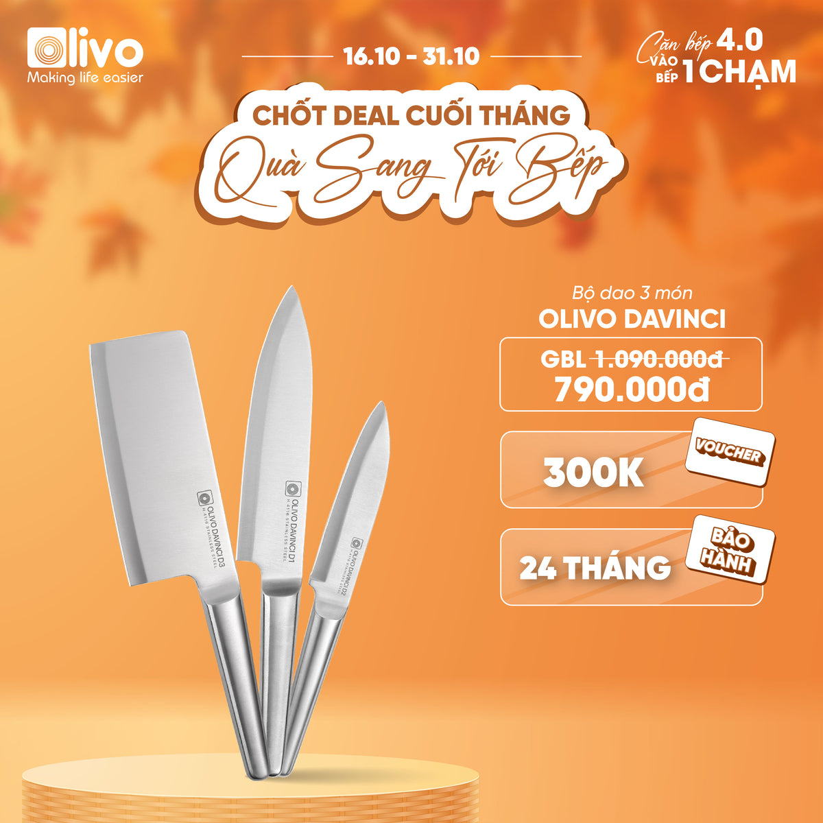 Bộ Dao 3 Món OLIVO DAVINCI - Vật Liệu Cao Cấp - Lưỡi Dao Sắc Bén - Thiết Kế Công Thái Học - Chuôi INOX 430 Siêu Bền