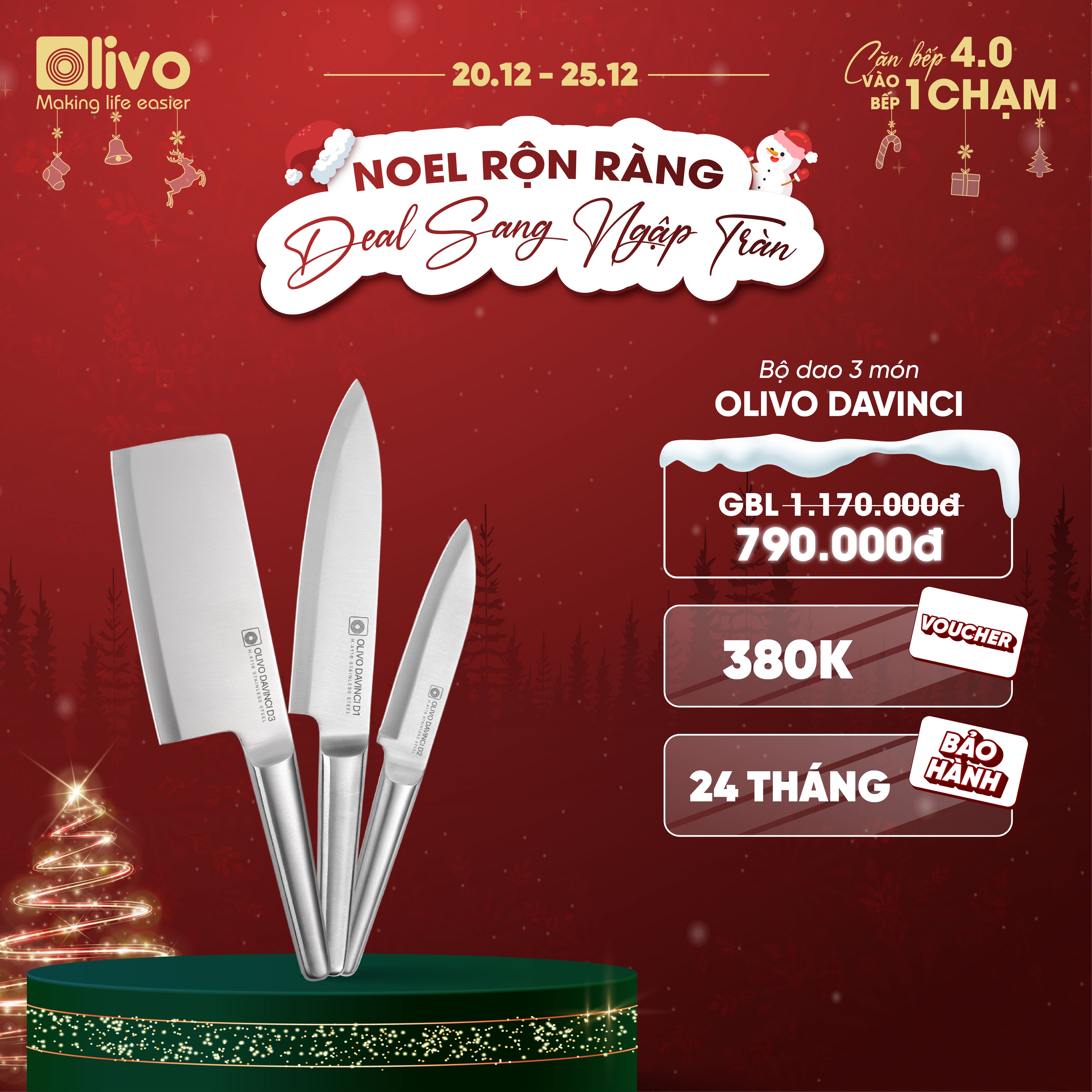 Bộ Dao 3 Món OLIVO DAVINCI - Vật Liệu Cao Cấp - Lưỡi Dao Sắc Bén - Thiết Kế Công Thái Học - Chuôi INOX 430 Siêu Bền