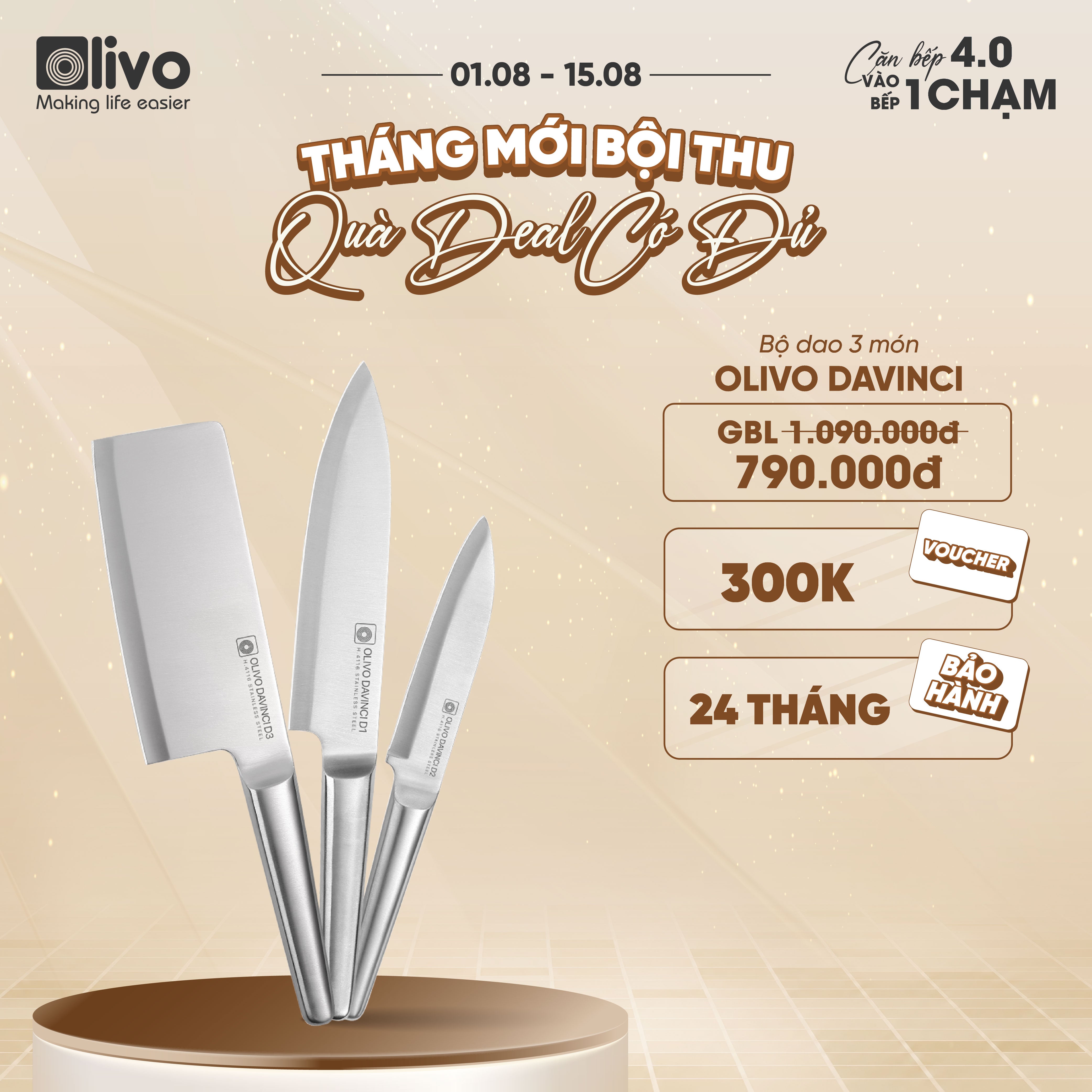 Bộ Dao 3 Món OLIVO DAVINCI - Vật Liệu Cao Cấp - Lưỡi Dao Sắc Bén - Thiết Kế Công Thái Học - Chuôi INOX 430 Siêu Bền
