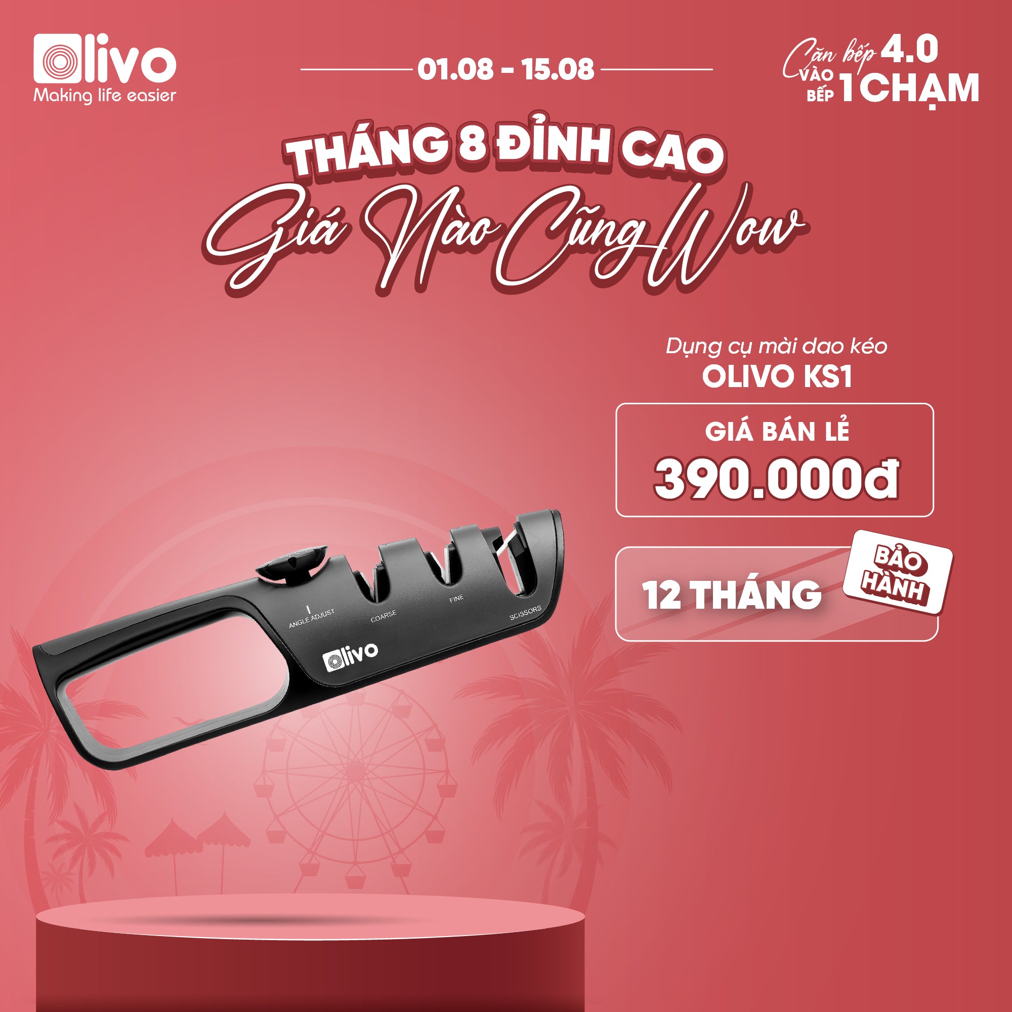 Dụng Cụ Mài Dao Kéo OLIVO KS1 - Làm Sắc Nhanh - 3 Khe Mài Riêng Biệt - Núm Xoay Điều Chỉnh Góc Mài - Dễ Sử Dụng
