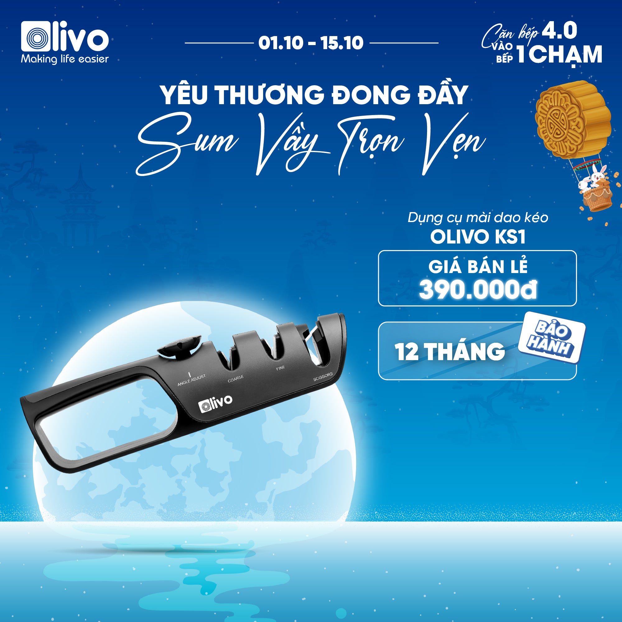 Dụng Cụ Mài Dao Kéo OLIVO KS1 - Làm Sắc Nhanh - 3 Khe Mài Riêng Biệt - Núm Xoay Điều Chỉnh Góc Mài - Dễ Sử Dụng