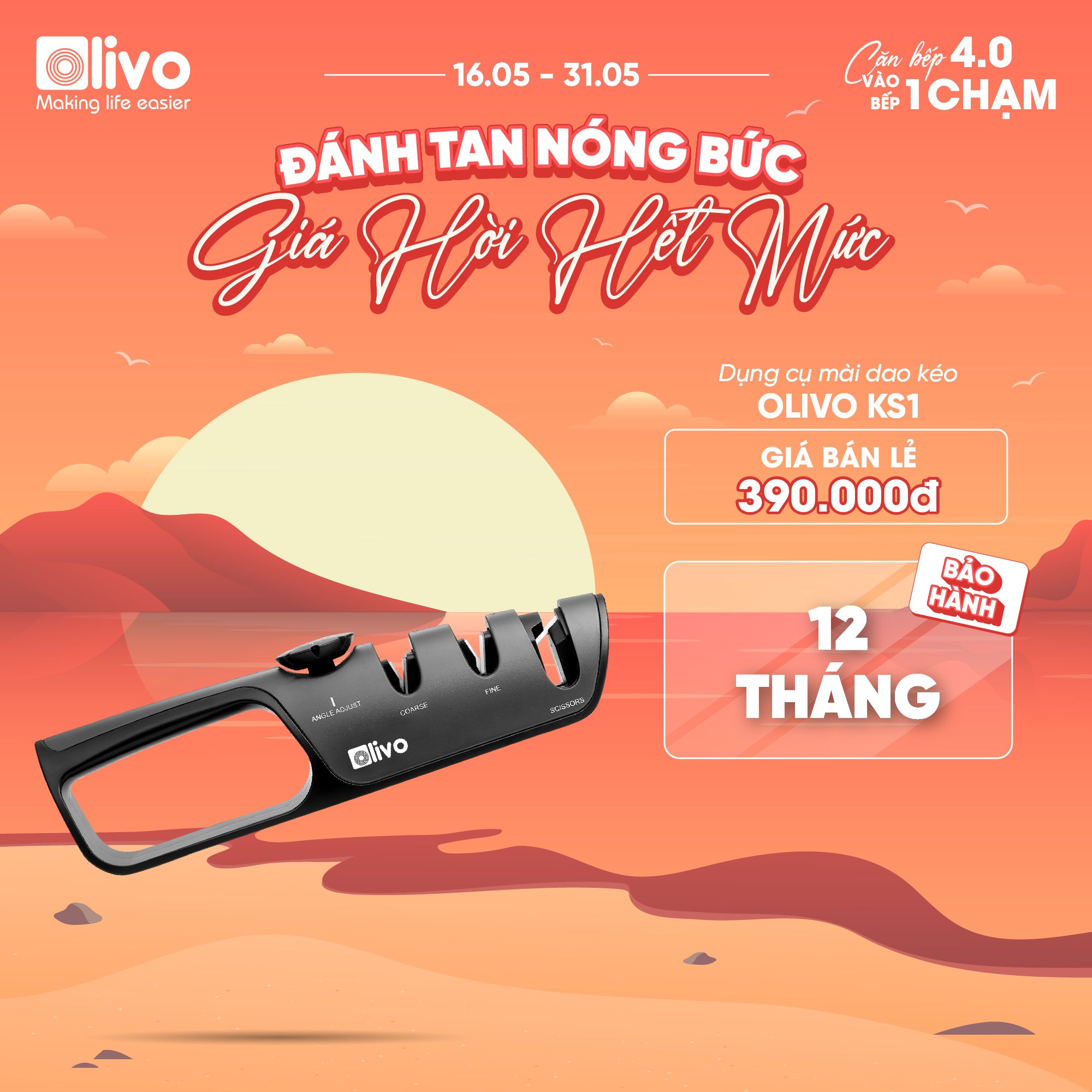 Dụng Cụ Mài Dao Kéo OLIVO KS1 - Làm Sắc Nhanh - 3 Khe Mài Riêng Biệt - Núm Xoay Điều Chỉnh Góc Mài - Dễ Sử Dụng