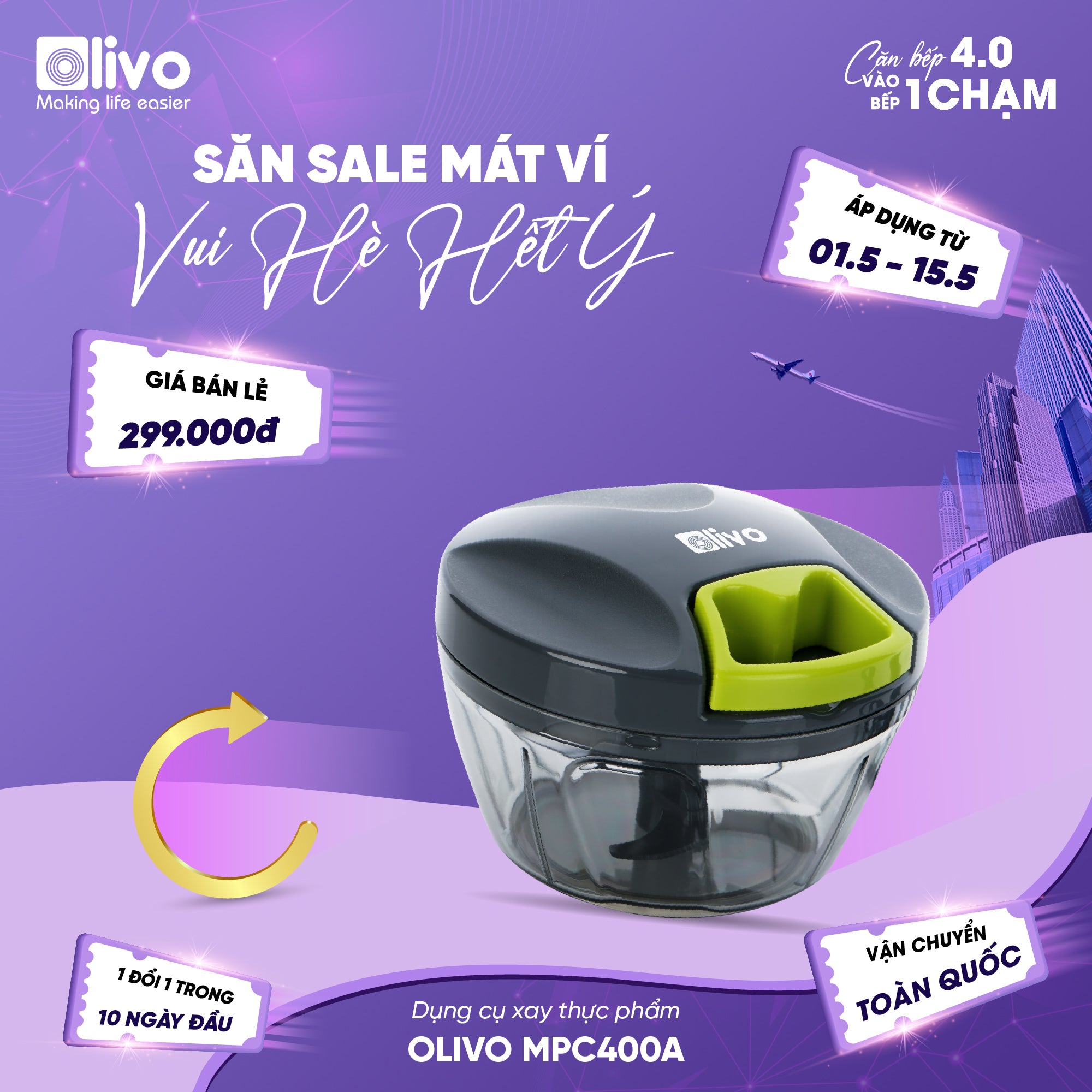Dụng Cụ Xay Thực Phẩm Đa Năng Mini OLIVO MPC400A – Xay Tỏi Ớt, Xay Thịt, Xay Hạt Nhanh Chóng – Dây Kéo Chắc Chắn – Dung Tích 400ML – Dễ Dàng Vệ Sinh