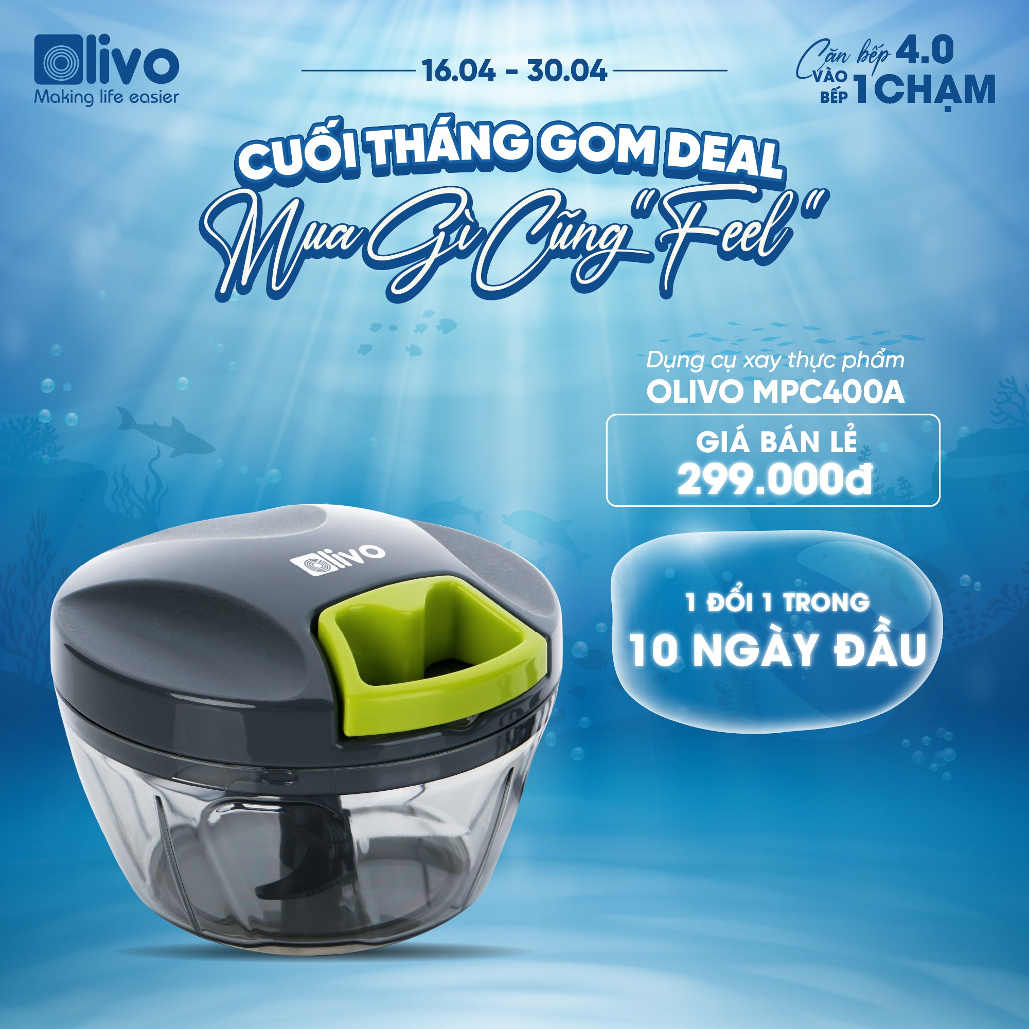 Dụng Cụ Xay Thực Phẩm Đa Năng Mini OLIVO MPC400A – Xay Tỏi Ớt, Xay Thịt, Xay Hạt Nhanh Chóng – Dây Kéo Chắc Chắn – Dung Tích 400ML – Dễ Dàng Vệ Sinh