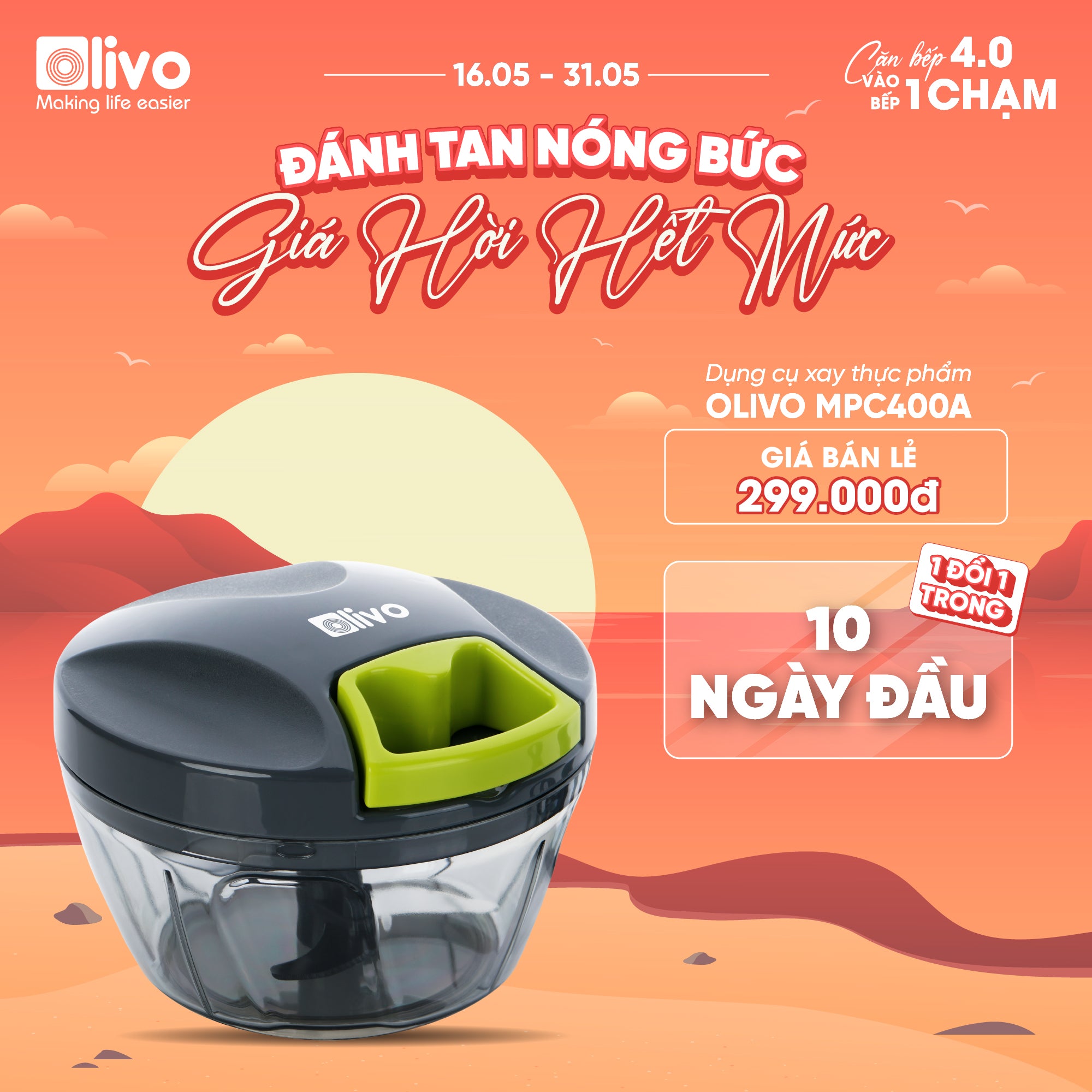 Dụng Cụ Xay Thực Phẩm Đa Năng Mini OLIVO MPC400A – Xay Tỏi Ớt, Xay Thịt, Xay Hạt Nhanh Chóng – Dây Kéo Chắc Chắn – Dung Tích 400ML – Dễ Dàng Vệ Sinh