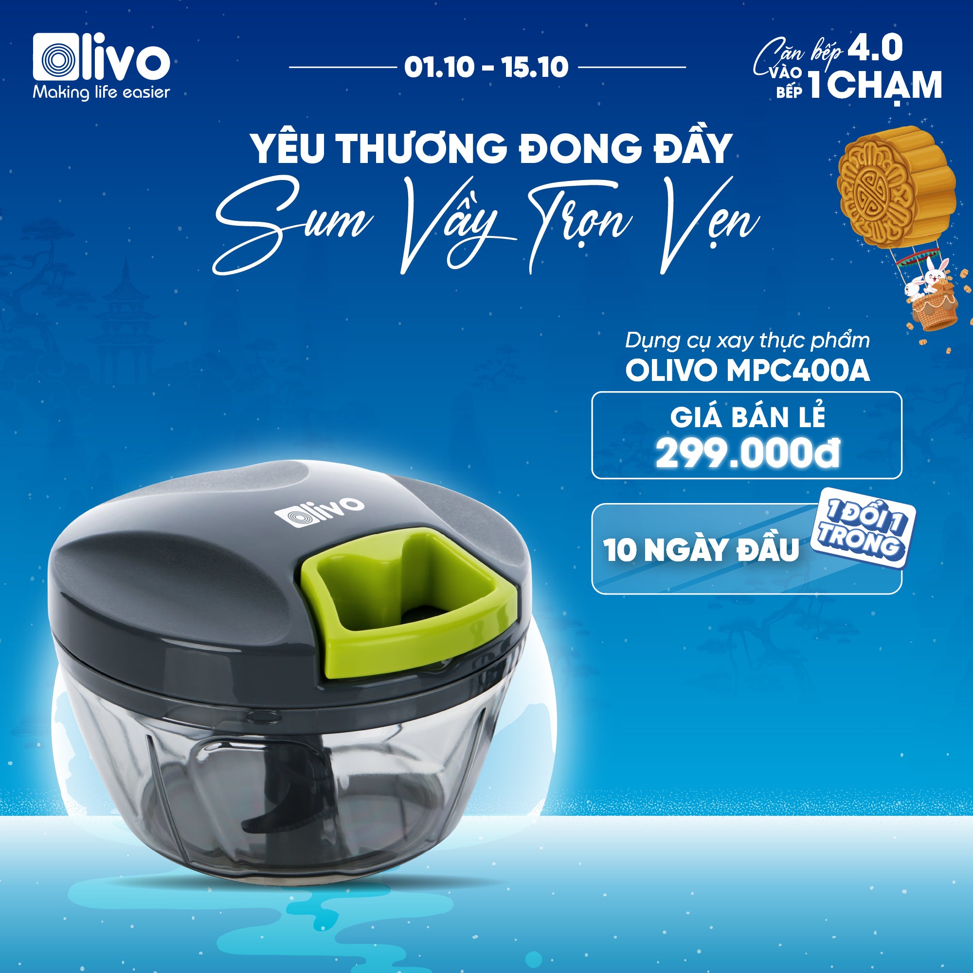 Dụng Cụ Xay Thực Phẩm Đa Năng Mini OLIVO MPC400A – Xay Tỏi Ớt, Xay Thịt, Xay Hạt Nhanh Chóng – Dây Kéo Chắc Chắn – Dung Tích 400ML – Dễ Dàng Vệ Sinh