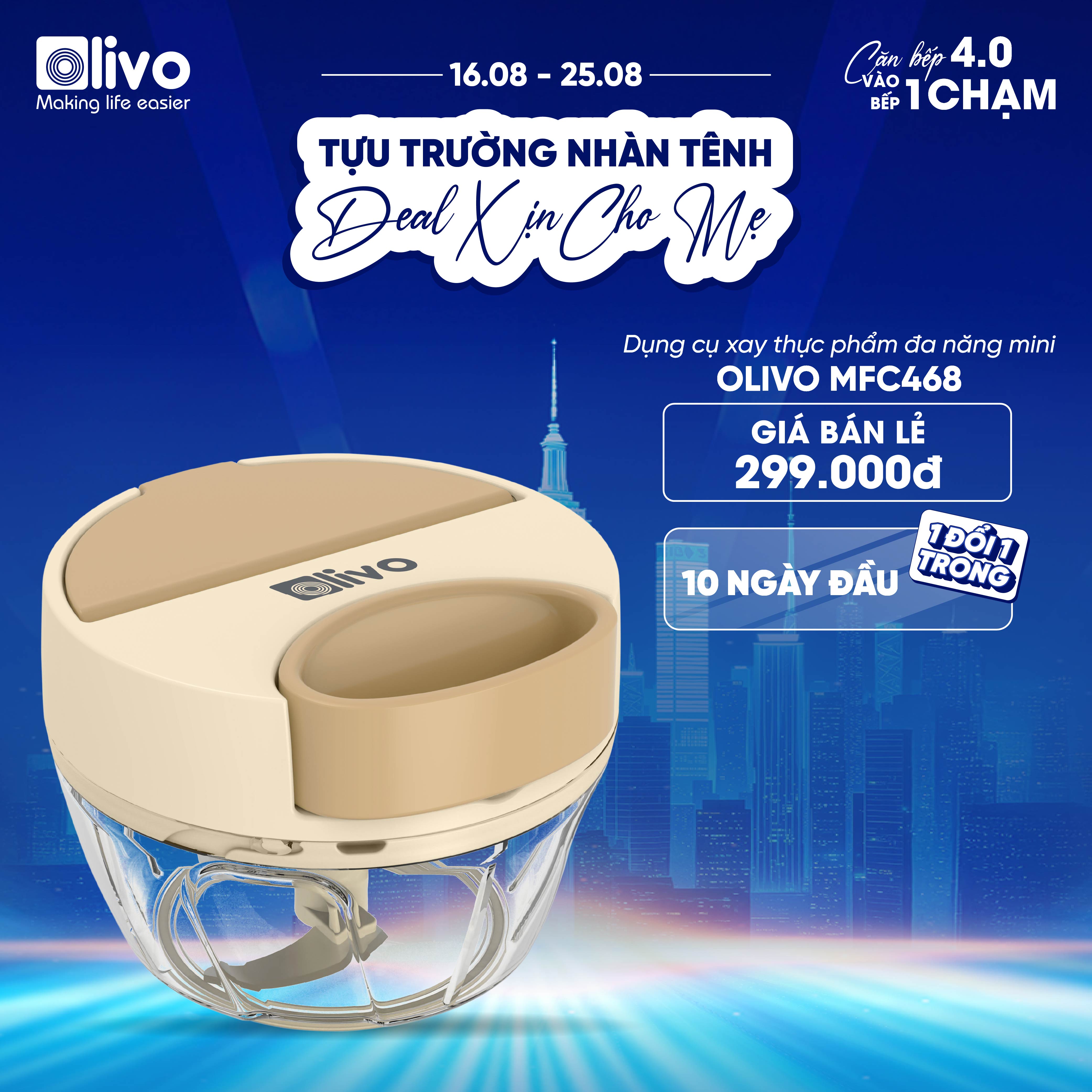 Dụng Cụ Xay Thực Phẩm Đa Năng Mini OLIVO MFC468 – Xay Tỏi Ớt, Xay Thịt, Xay Hạt Tiện Lợi – Nắp Lật Tiện Dụng - Dây Kéo Chắc Chắn – Dung Tích 400ML – Dễ Dàng Vệ Sinh