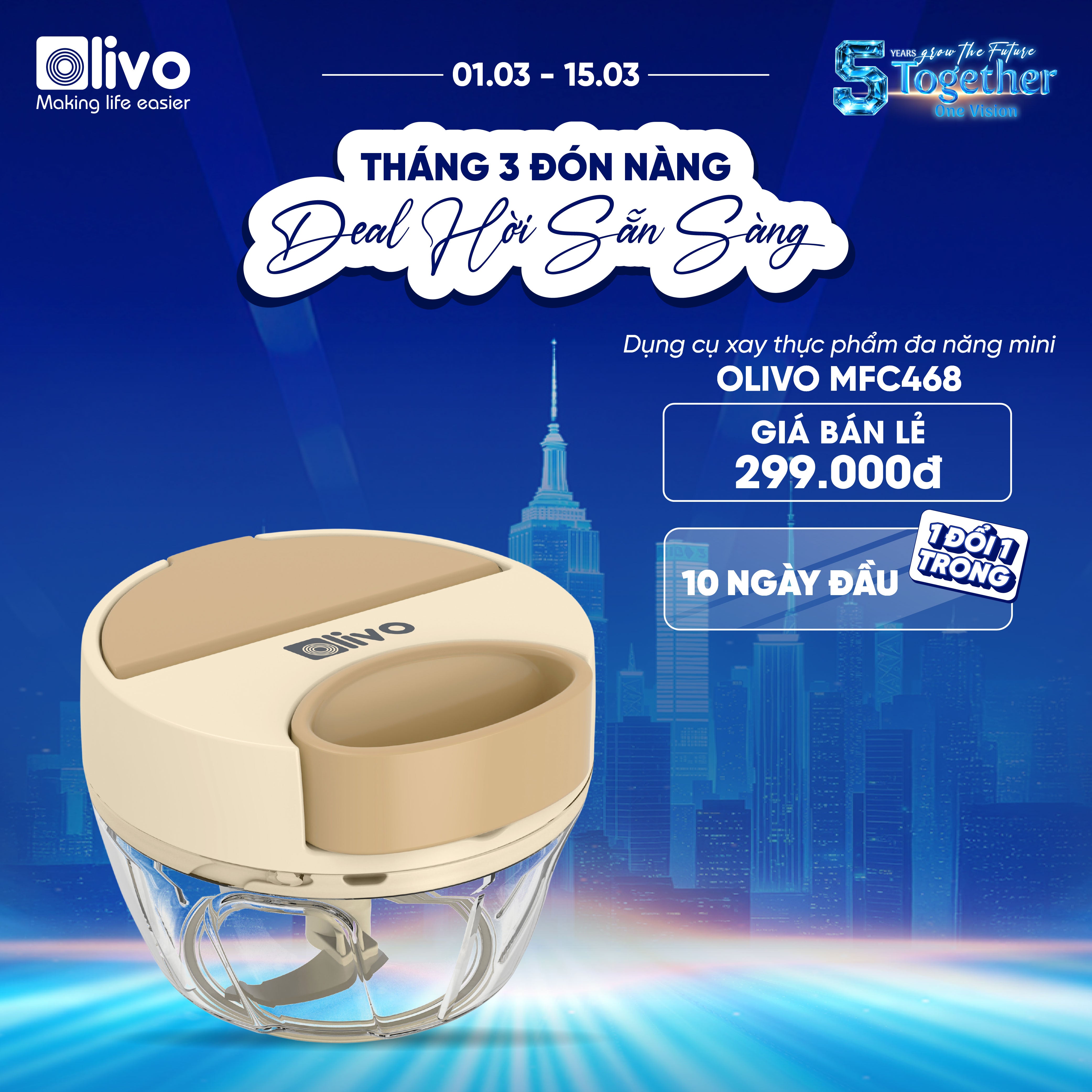 Dụng Cụ Xay Thực Phẩm Đa Năng Mini OLIVO MFC468 – Xay Tỏi Ớt, Xay Thịt, Xay Hạt Tiện Lợi – Nắp Lật Tiện Dụng - Dây Kéo Chắc Chắn – Dung Tích 400ML – Dễ Dàng Vệ Sinh