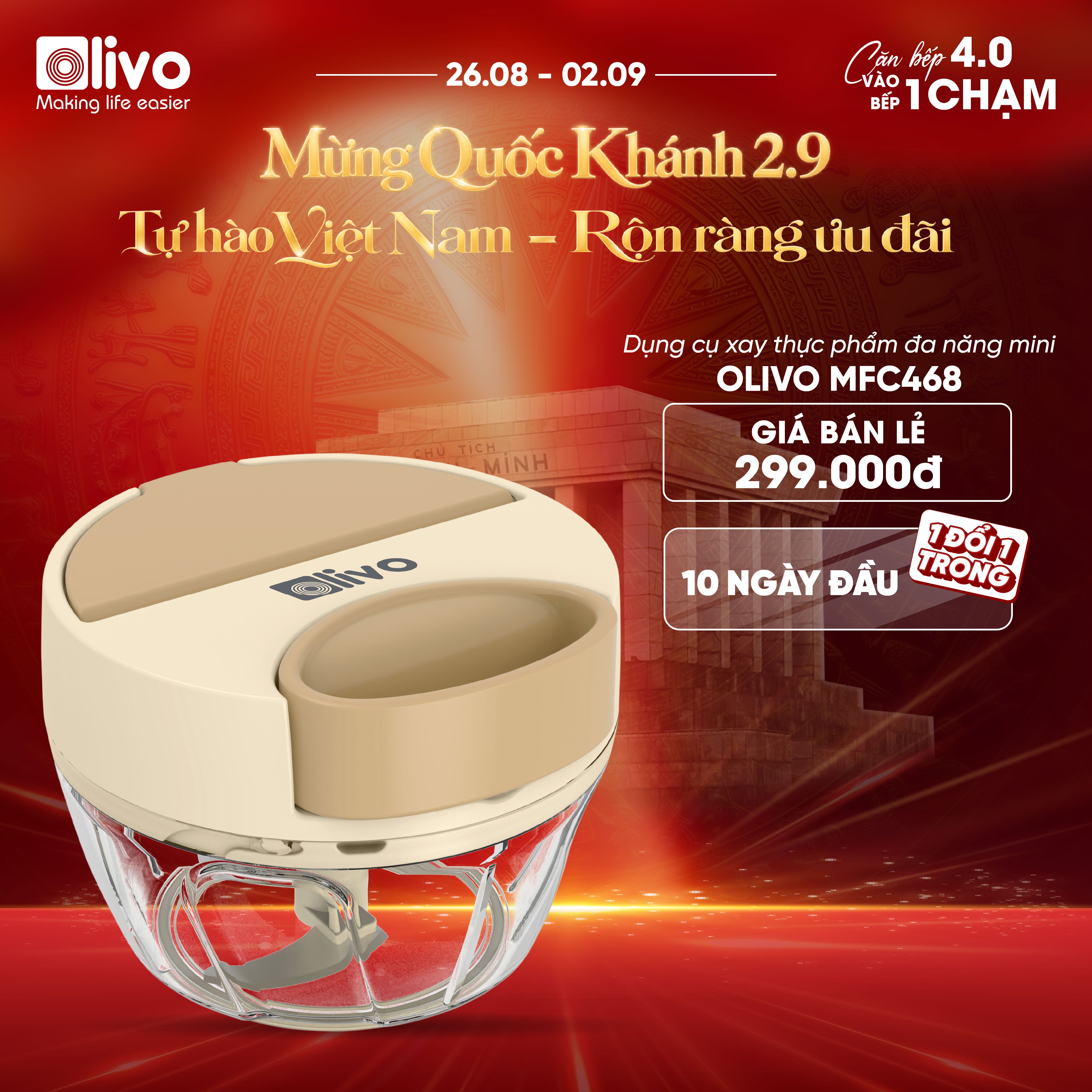 Dụng Cụ Xay Thực Phẩm Đa Năng Mini OLIVO MFC468 – Xay Tỏi Ớt, Xay Thịt, Xay Hạt Tiện Lợi – Nắp Lật Tiện Dụng - Dây Kéo Chắc Chắn – Dung Tích 400ML – Dễ Dàng Vệ Sinh