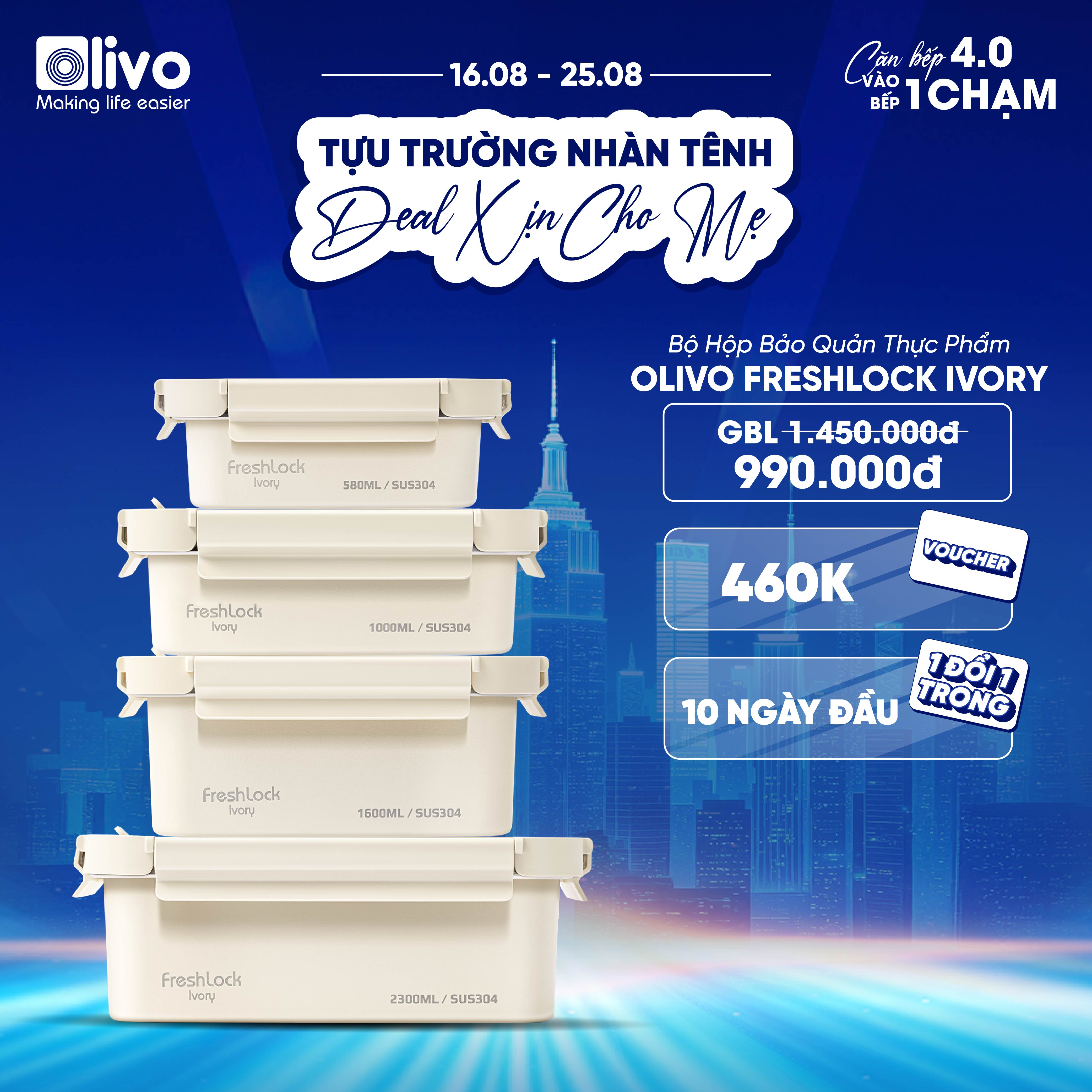 Bộ Hộp Bảo Quản Thực Phẩm OLIVO FRESHLOCK IVORY - Bộ 4 Hộp, Đa Dạng Kích Thước, Thân Hộp Inox 304 Sơn Tĩnh Điện, Nắp Nhựa AS Không Chứa BPA, Gioăng Silicon Chống Rò Rỉ, Tiện Lợi, Gọn Gàng