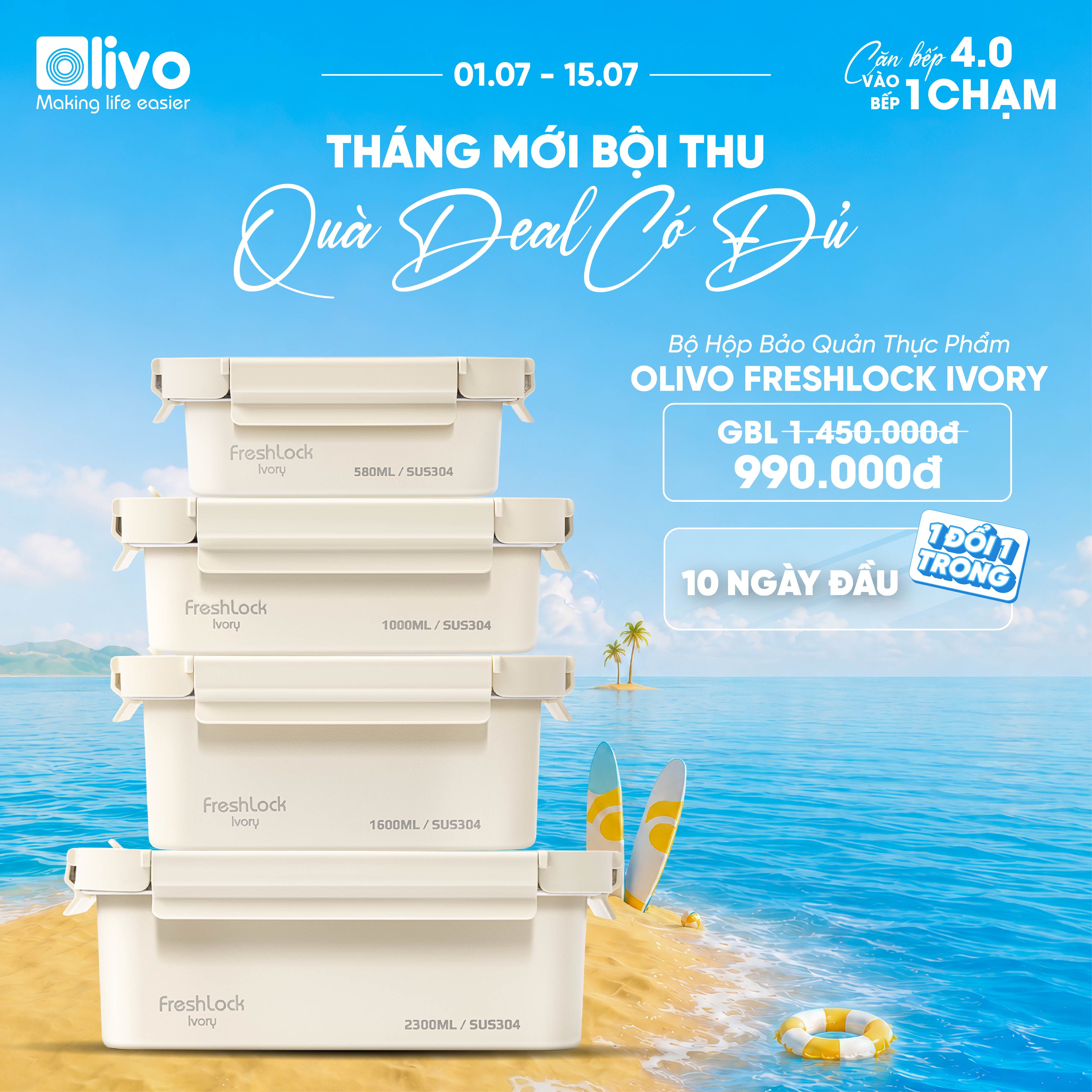 Bộ Hộp Bảo Quản Thực Phẩm OLIVO FRESHLOCK IVORY - Bộ 4 Hộp, Đa Dạng Kích Thước, Thân Hộp Inox 304 Sơn Tĩnh Điện, Nắp Nhựa AS Không Chứa BPA, Gioăng Silicon Chống Rò Rỉ, Tiện Lợi, Gọn Gàng