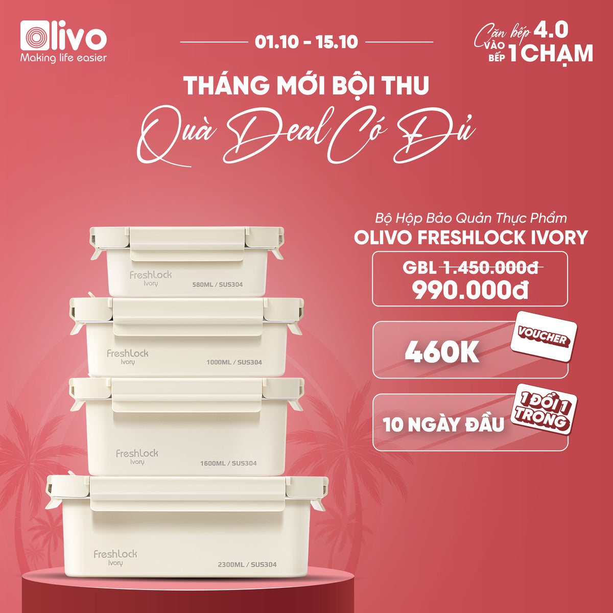 Bộ Hộp Bảo Quản Thực Phẩm OLIVO FRESHLOCK IVORY - Bộ 4 Hộp, Đa Dạng Kích Thước, Thân Hộp Inox 304 Sơn Tĩnh Điện, Nắp Nhựa AS Không Chứa BPA, Gioăng Silicon Chống Rò Rỉ, Tiện Lợi, Gọn Gàng