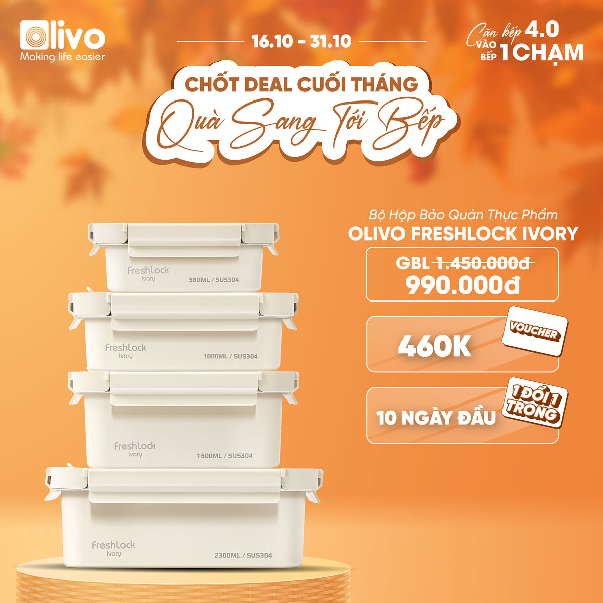 Bộ Hộp Bảo Quản Thực Phẩm OLIVO FRESHLOCK IVORY - Bộ 4 Hộp, Đa Dạng Kích Thước, Thân Hộp Inox 304 Sơn Tĩnh Điện, Nắp Nhựa AS Không Chứa BPA, Gioăng Silicon Chống Rò Rỉ, Tiện Lợi, Gọn Gàng