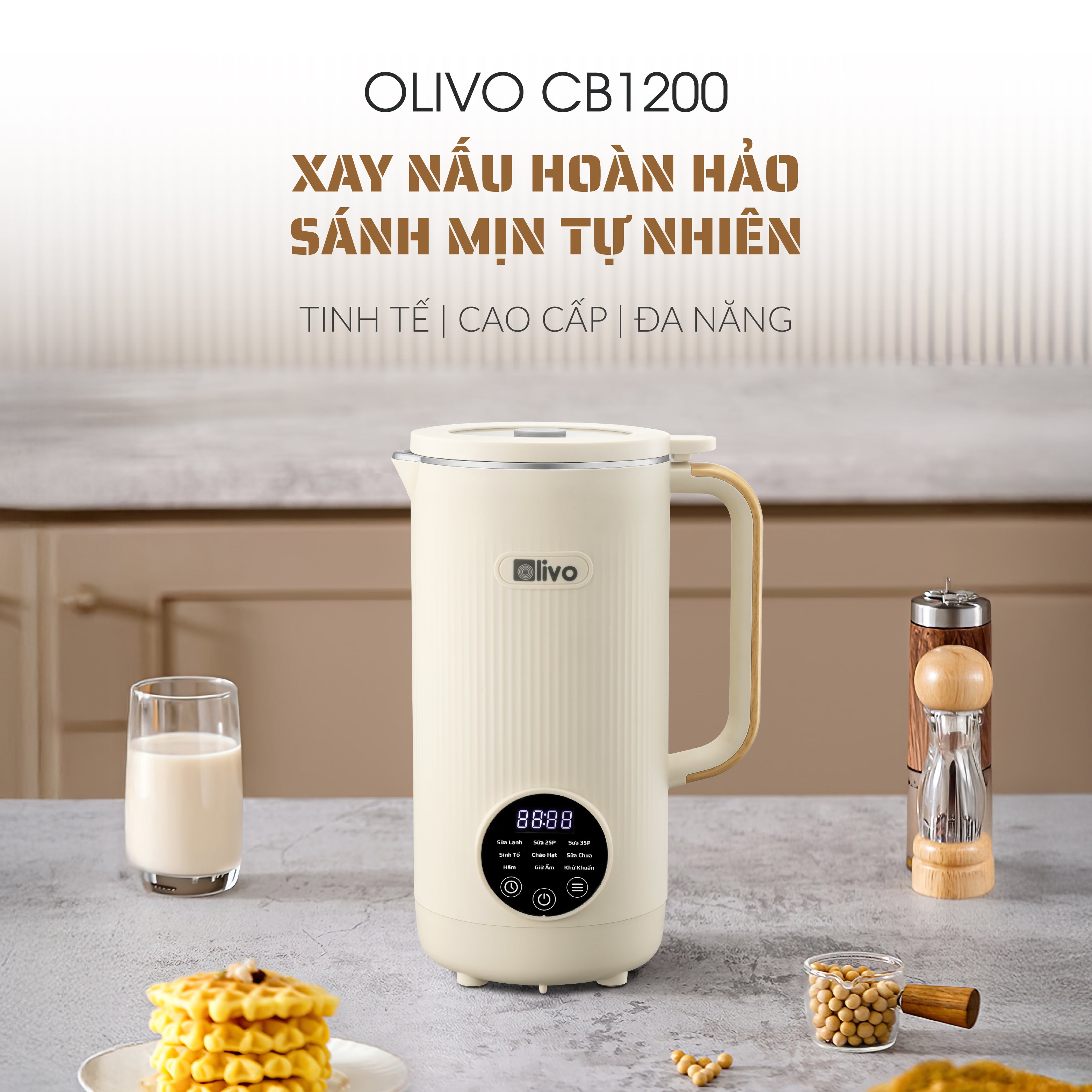 Máy Xay Nấu Đa Năng OLIVO CB1200 - Dung Tích 1.2L - Nắp INOX 304 Kết Hợp Kính Cường Lực - 10 Chế Độ, Khử Khuẩn, Chống Trào Tuyệt Đối
